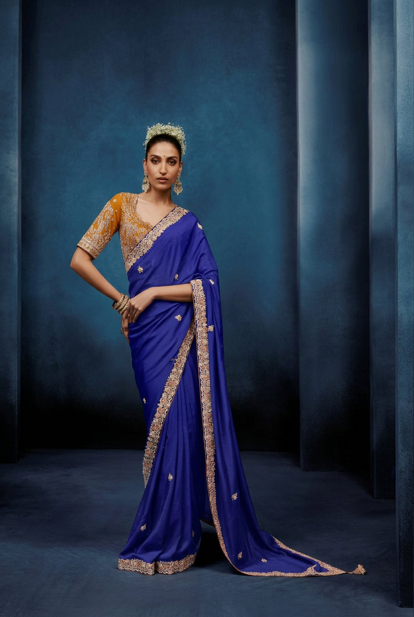 Royal Blue Embellished Crepe Silk Saree