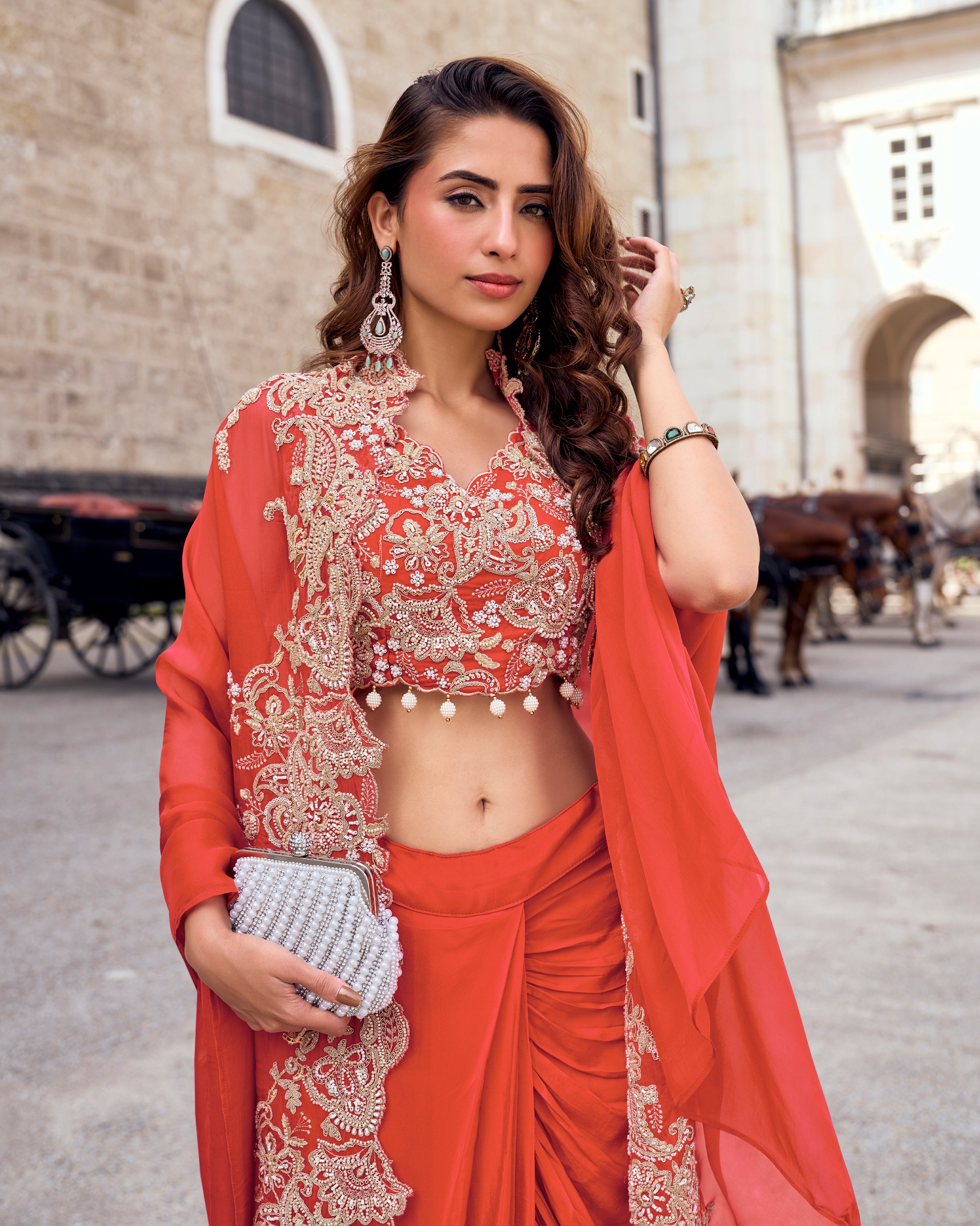 Spice Orange Embellished Crepe Silk Cape Set