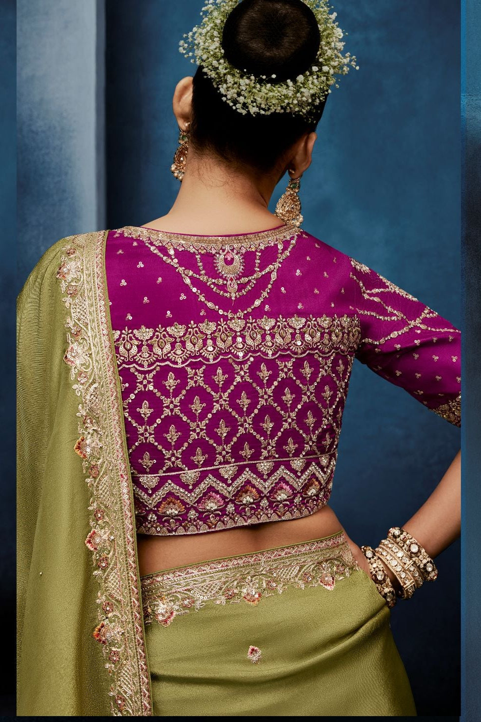 Olive Green Embellished Tissue Silk Saree