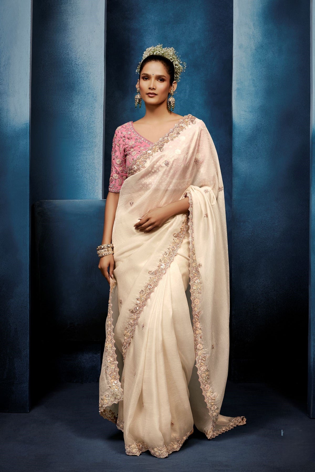 Off White Embellished Banarasi Tissue Silk Saree