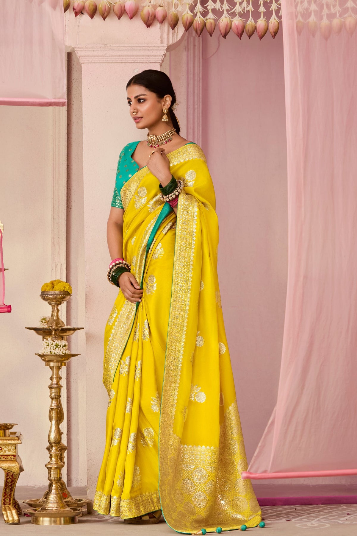 Mustard Yellow Woven Dola Silk Saree