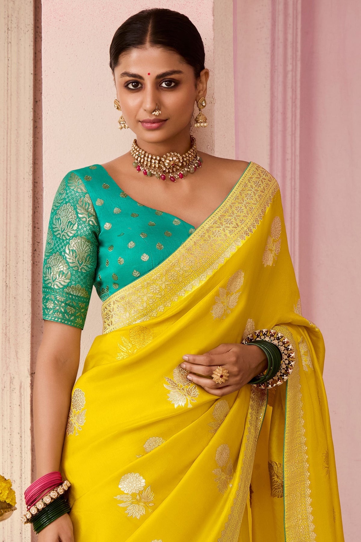 Mustard Yellow Woven Dola Silk Saree