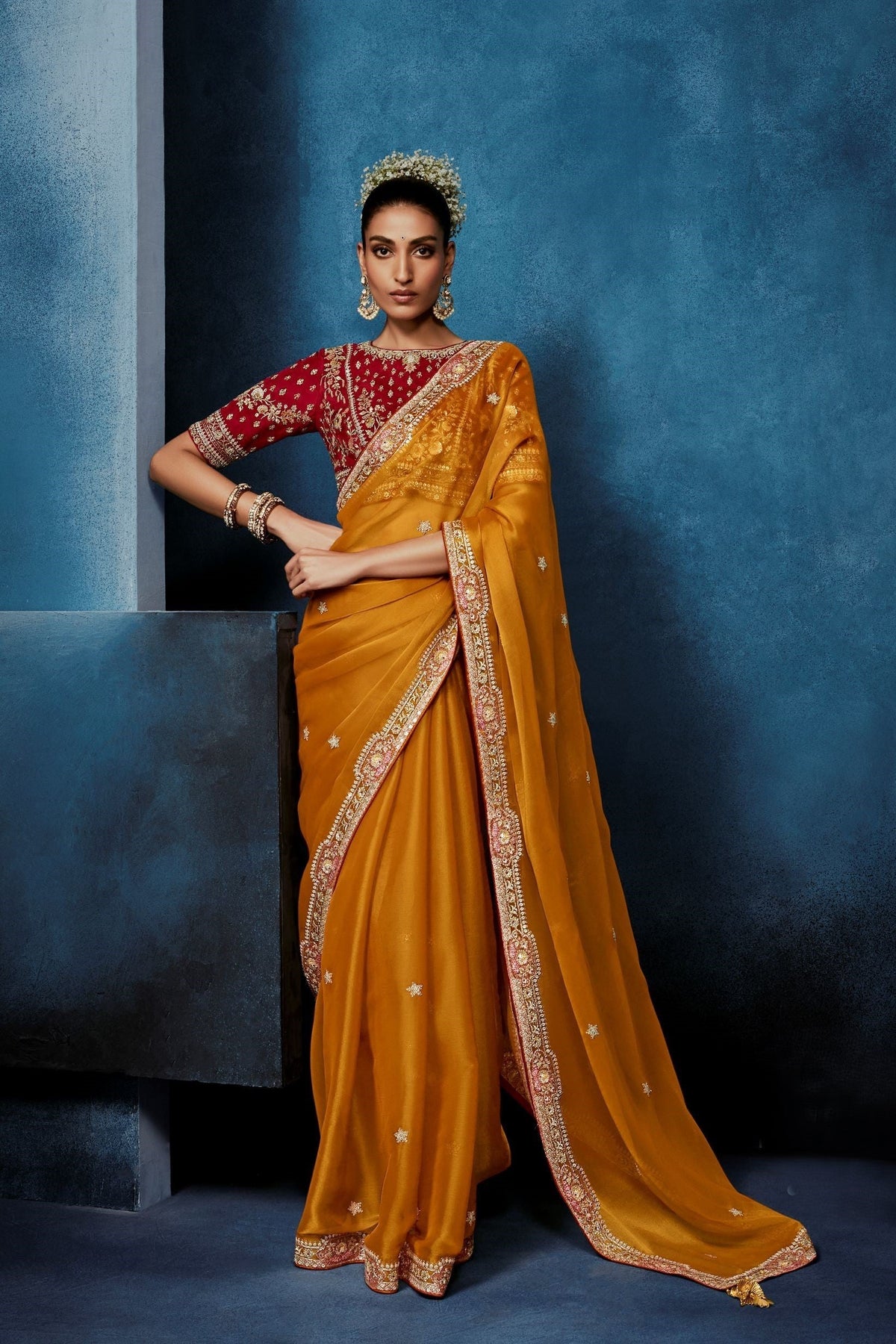Marigold Yellow Embellished Tissue Silk Saree