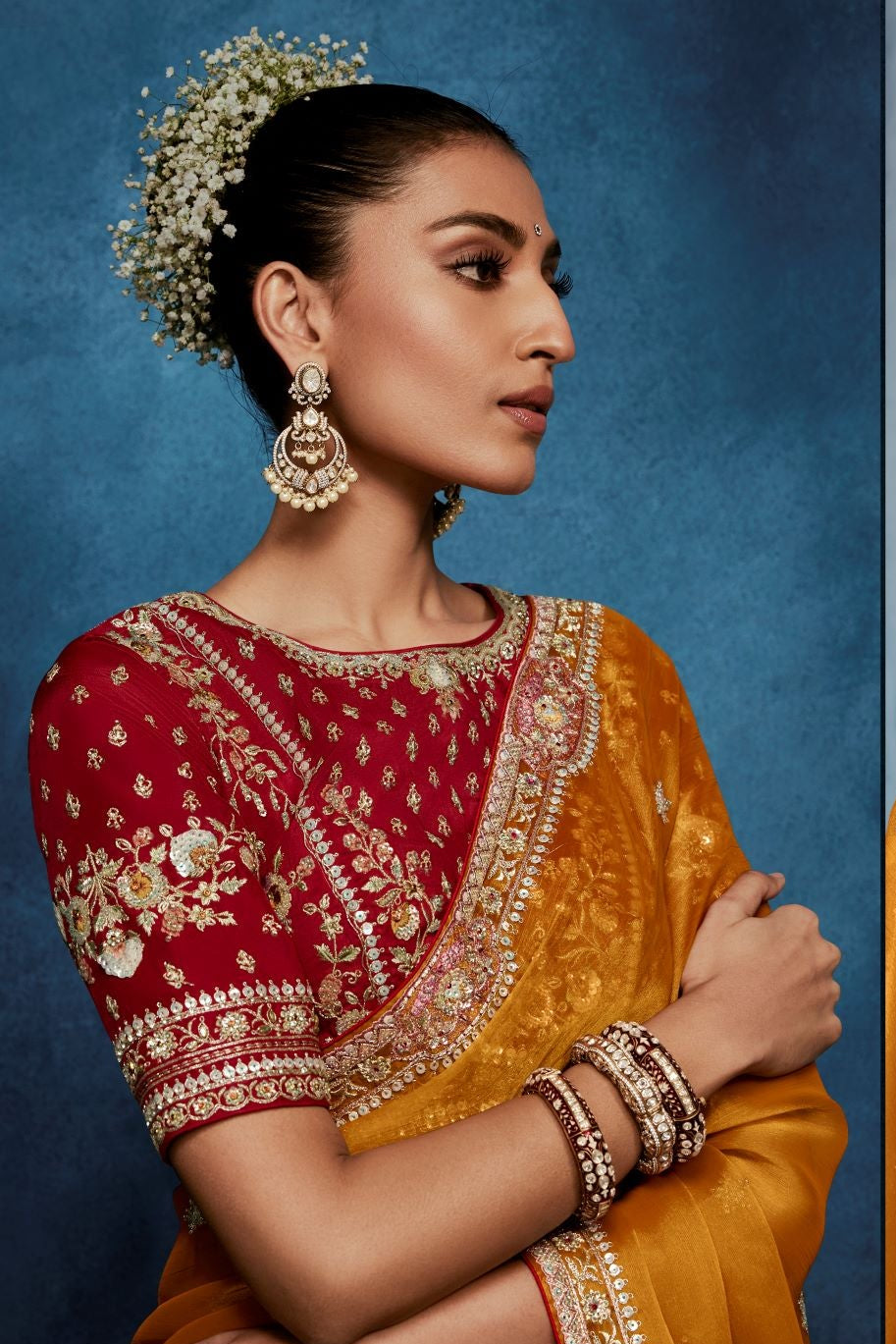 Marigold Yellow Embellished Tissue Silk Saree