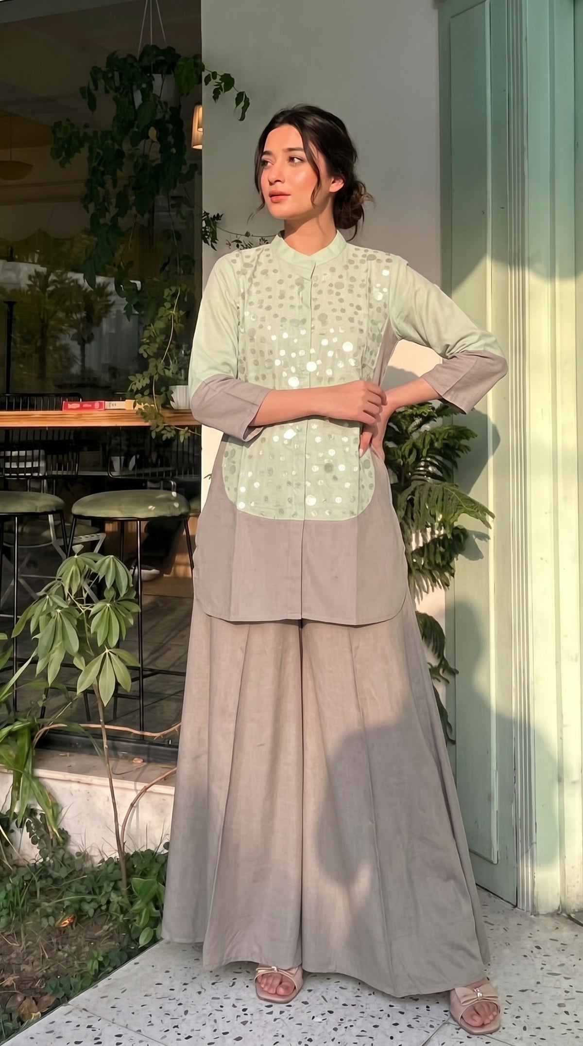Pistachio Green Embellished Crepe Silk Co-ord Set
