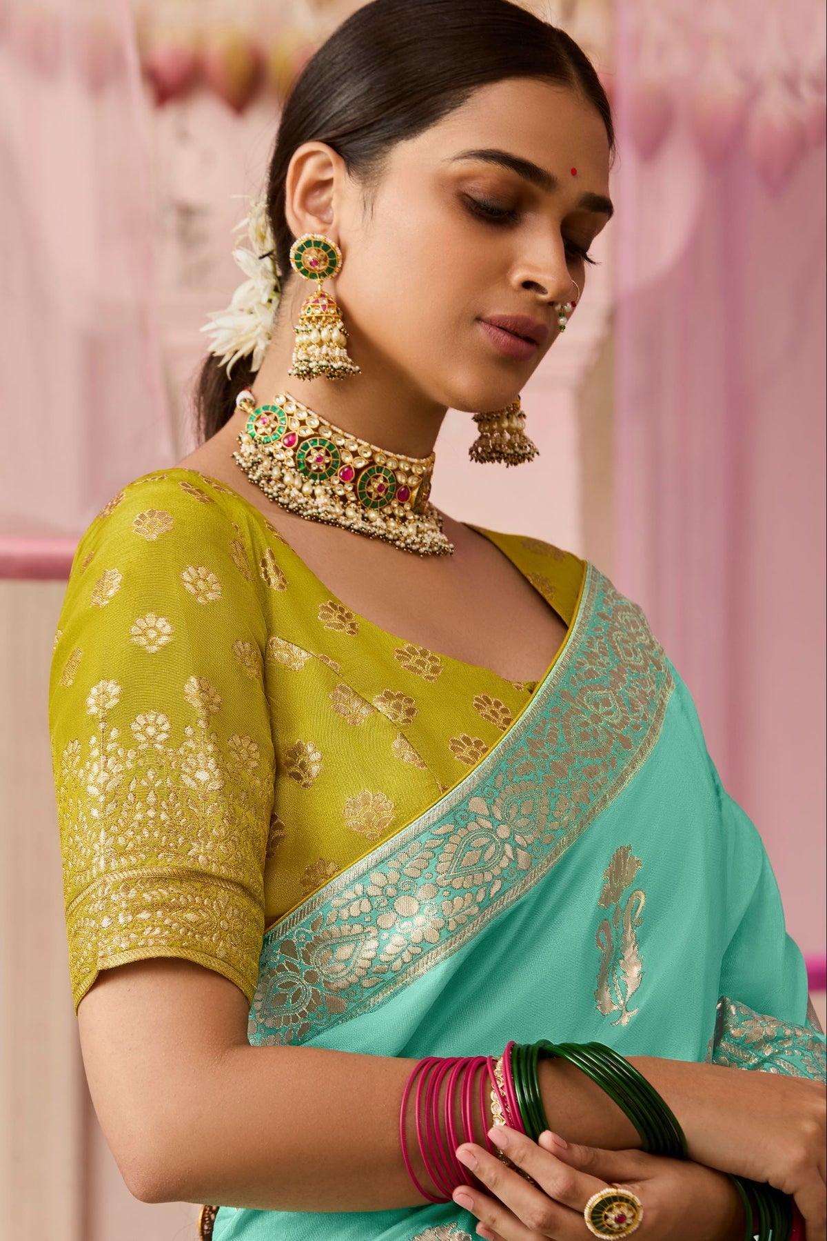 Sea Green Woven Dola Silk Saree