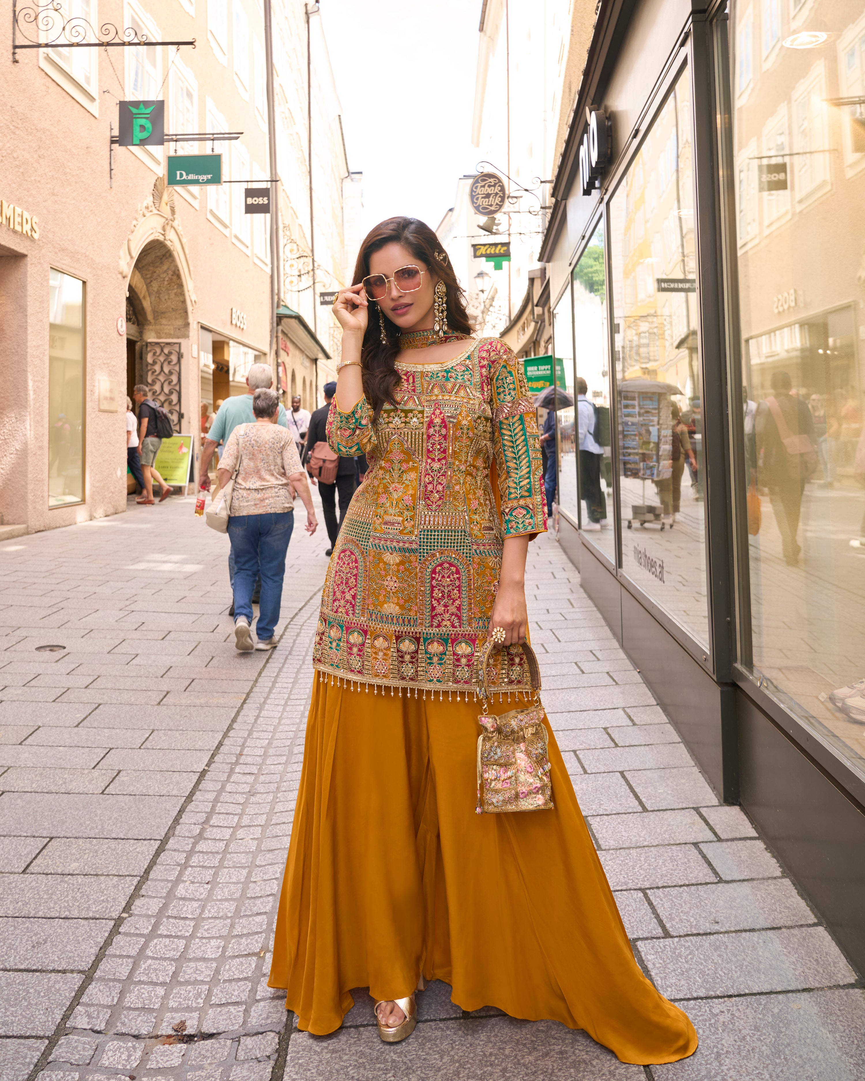 Warm Yellow Embellished Premium Silk Palazzo Set