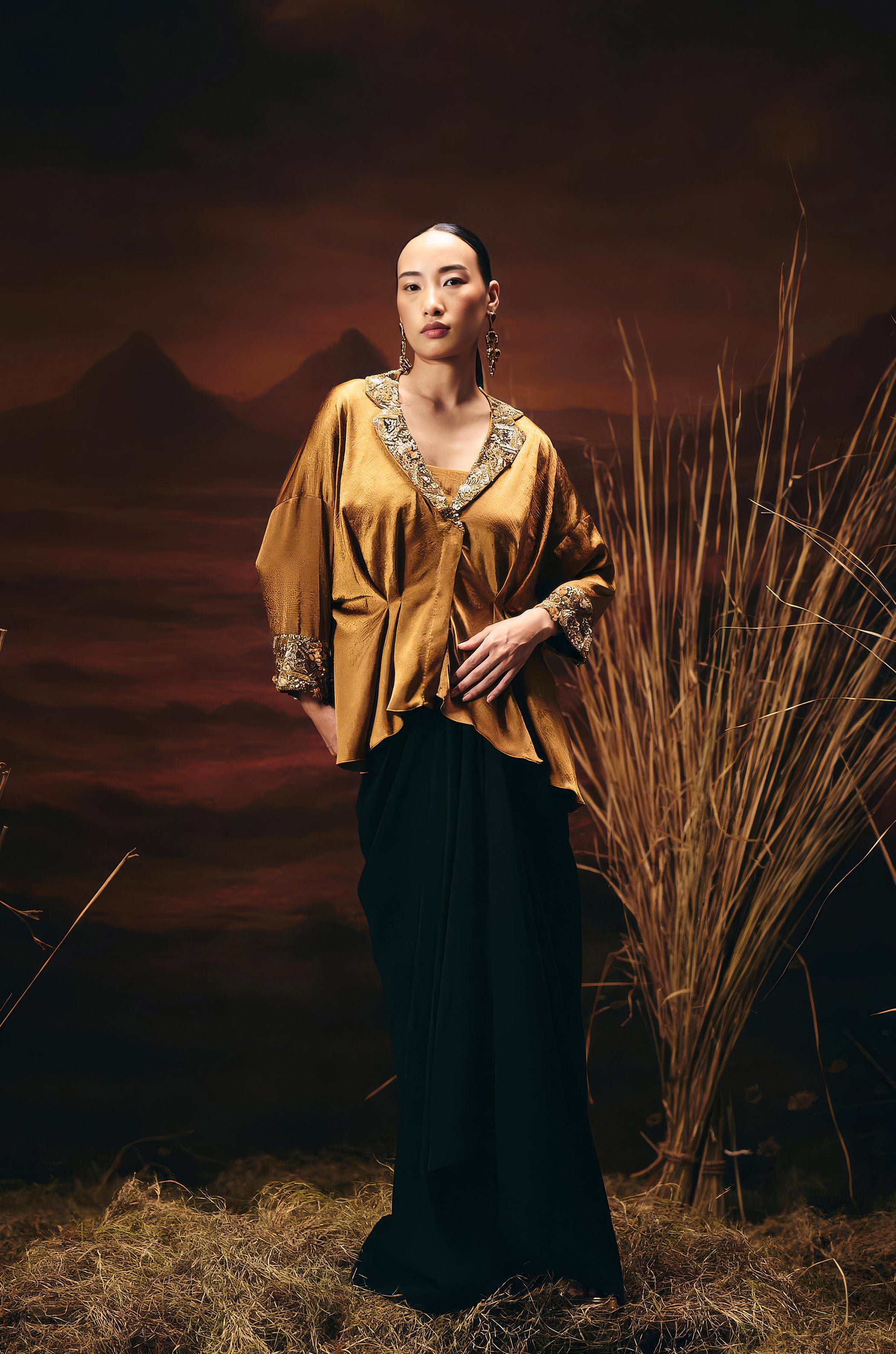 Antique Gold Embellished Satin Silk Skirt Set