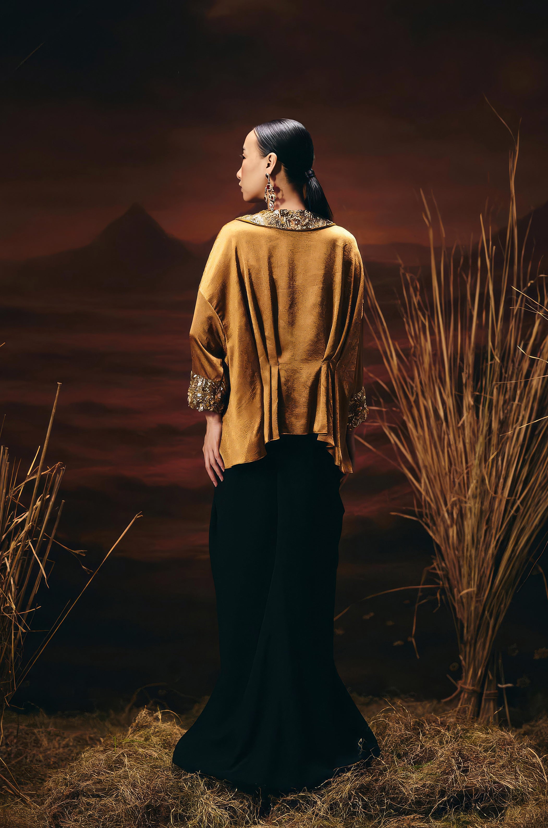 Antique Gold Embellished Satin Silk Skirt Set