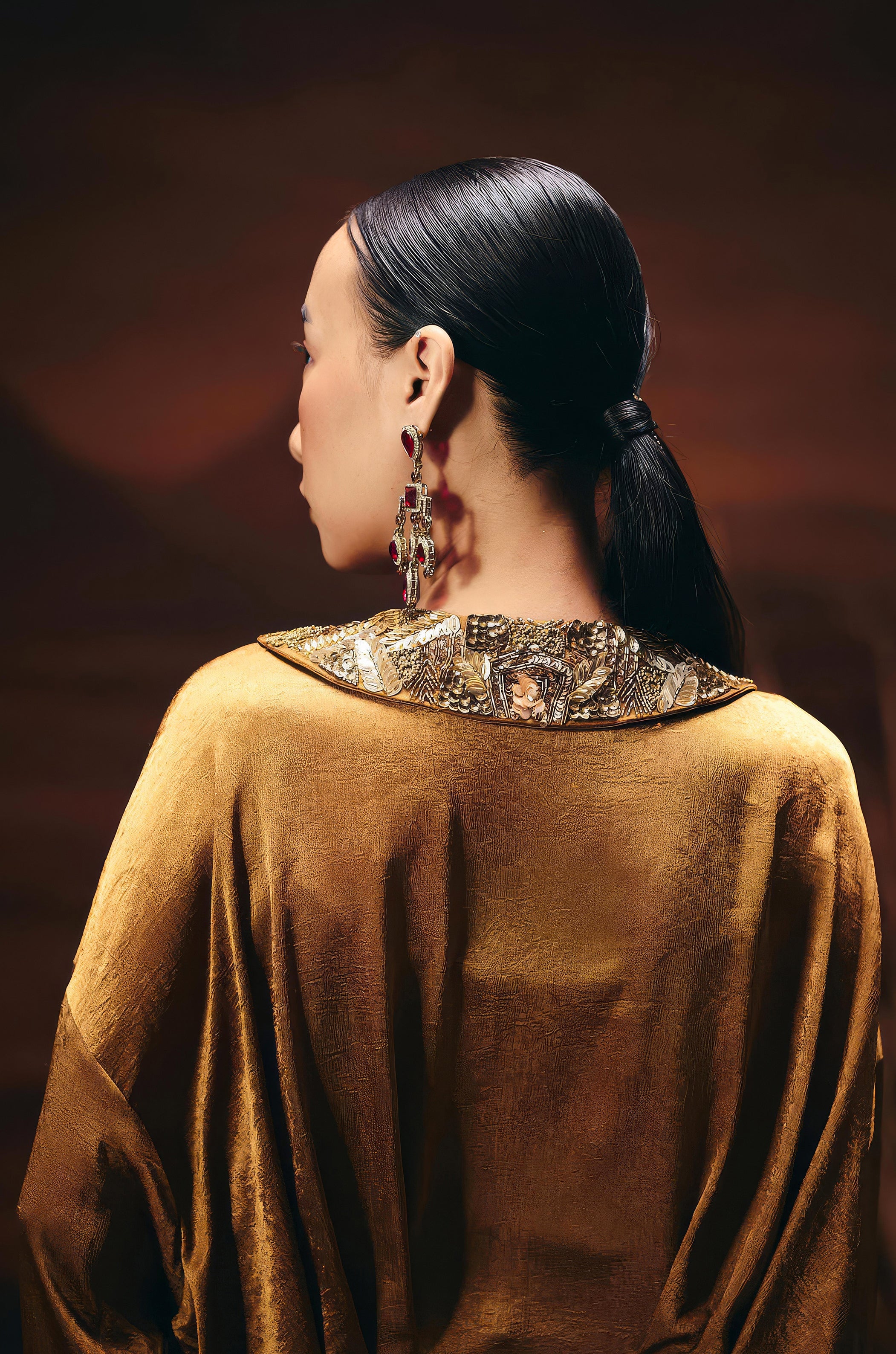 Antique Gold Embellished Satin Silk Skirt Set