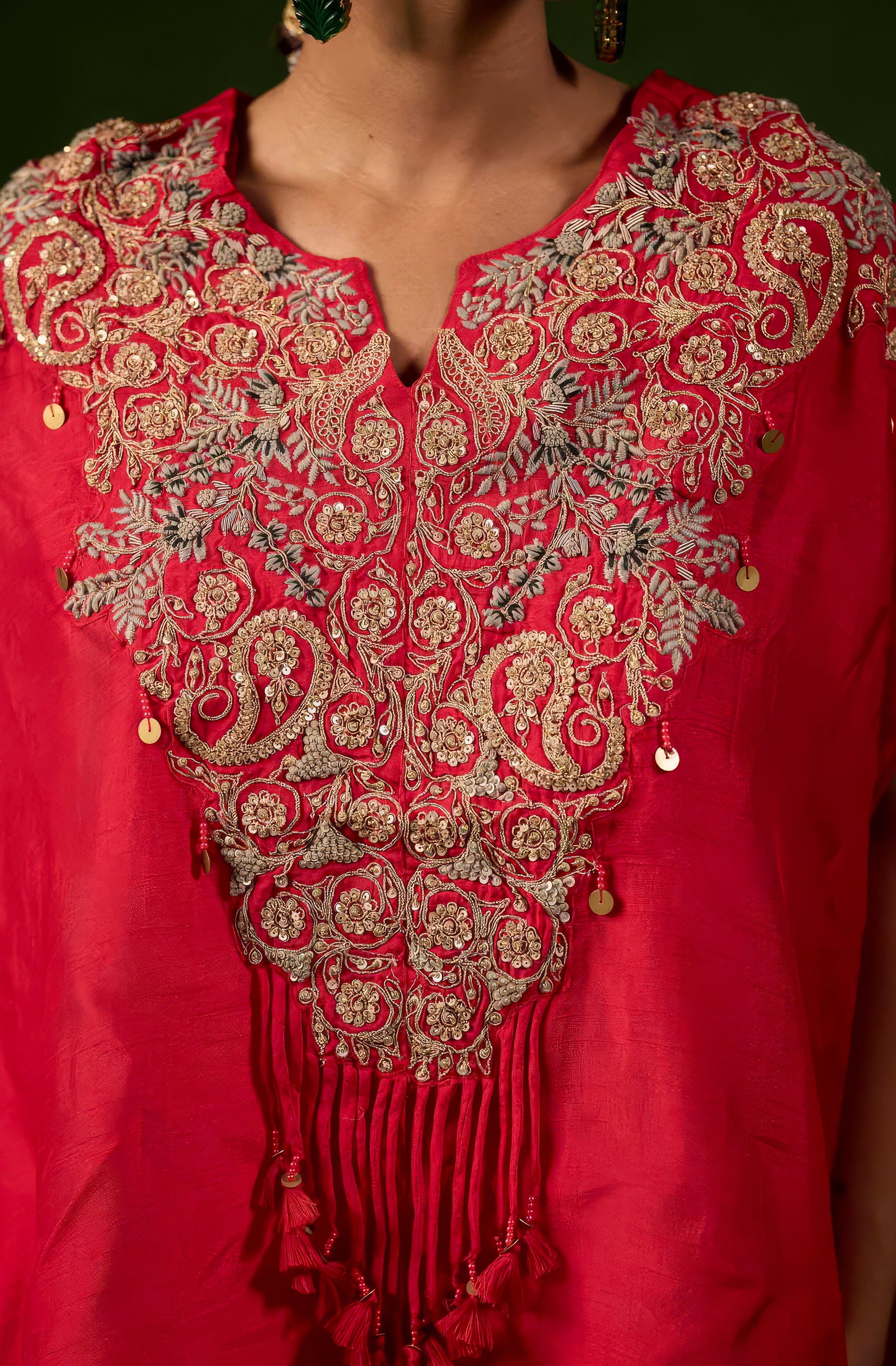 Vibrant Red Embellished Raw Silk Palazzo Set