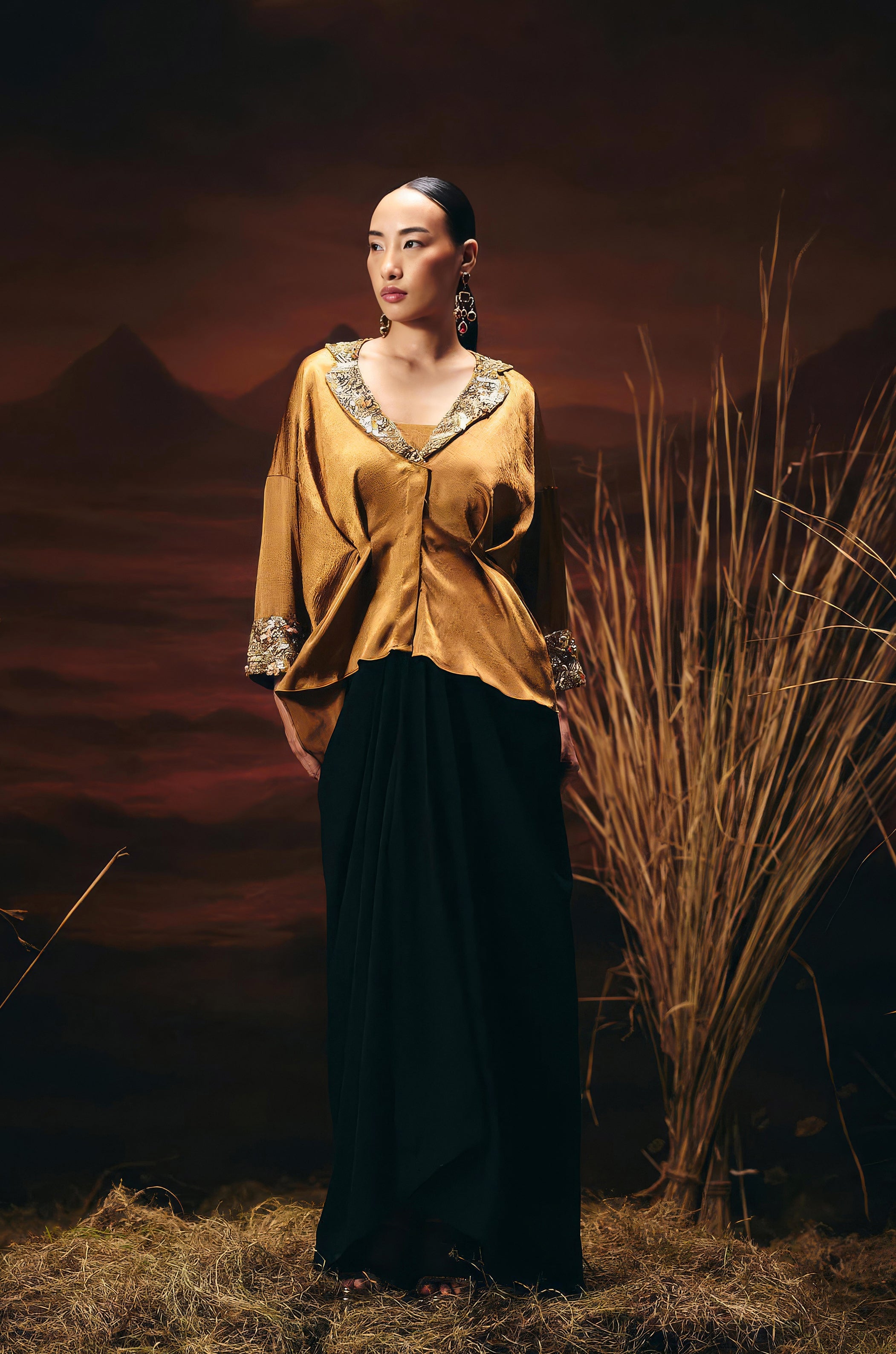 Antique Gold Embellished Satin Silk Skirt Set