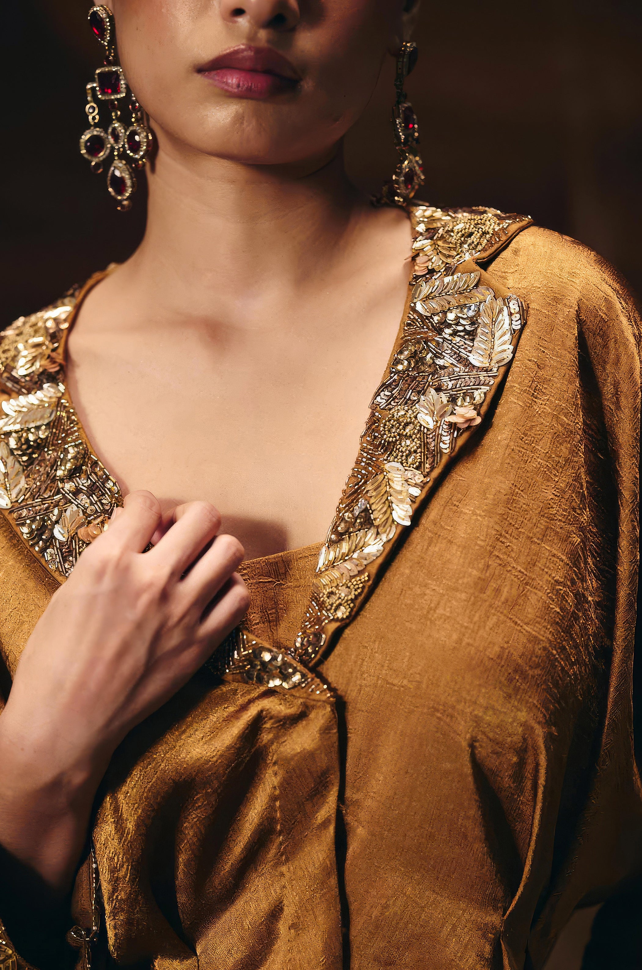 Antique Gold Embellished Satin Silk Skirt Set