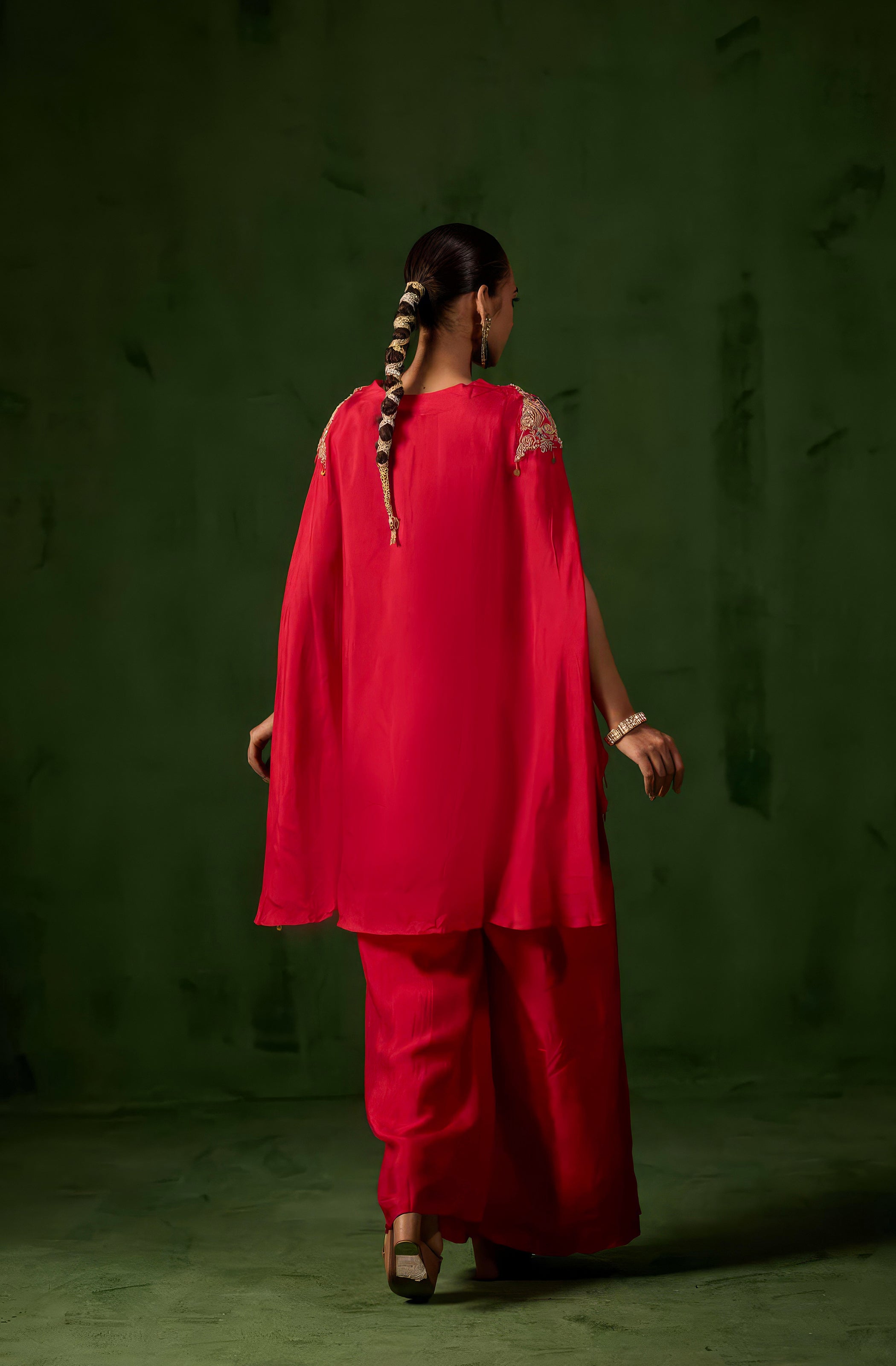 Vibrant Red Embellished Raw Silk Palazzo Set