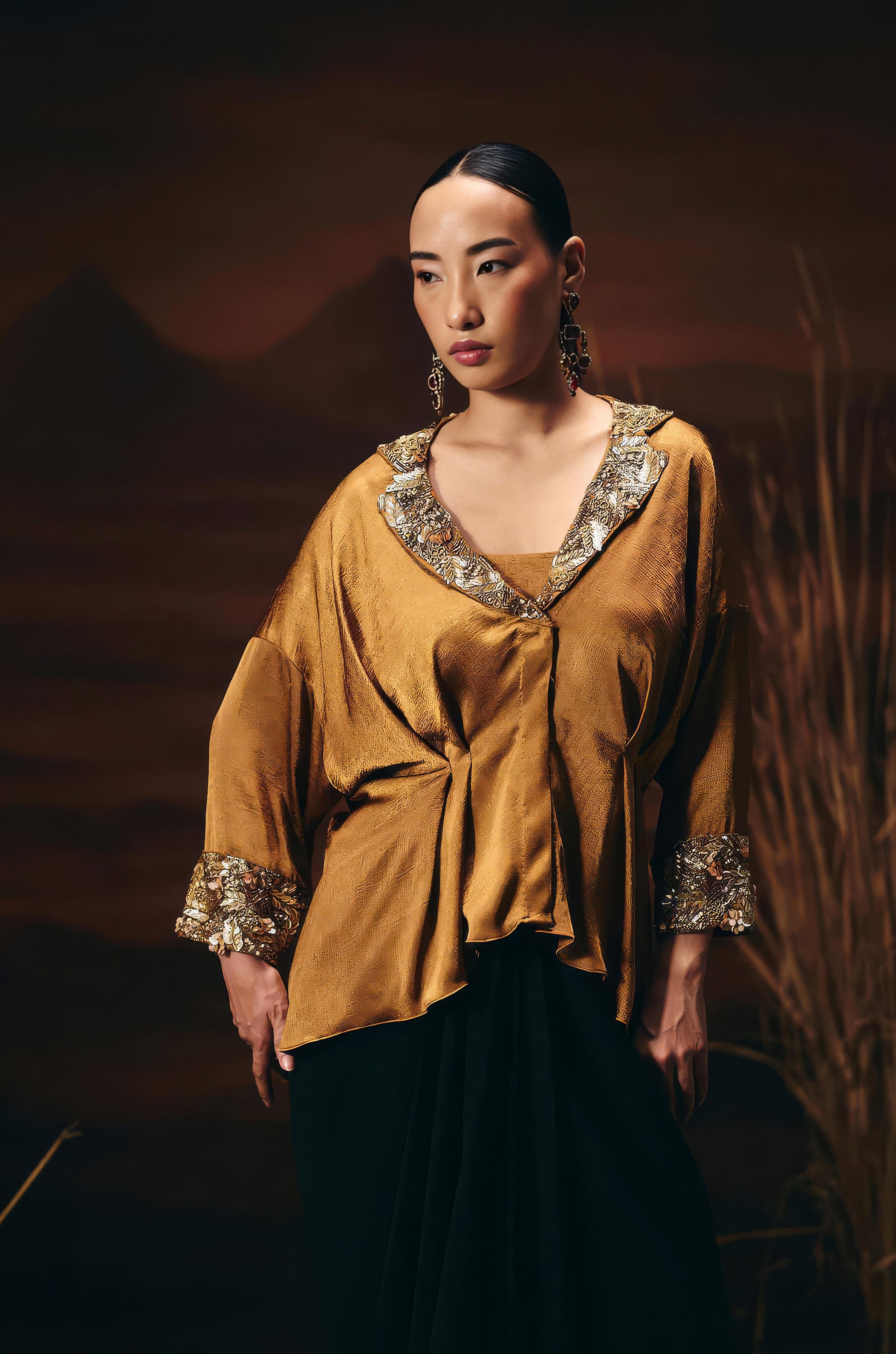 Antique Gold Embellished Satin Silk Skirt Set