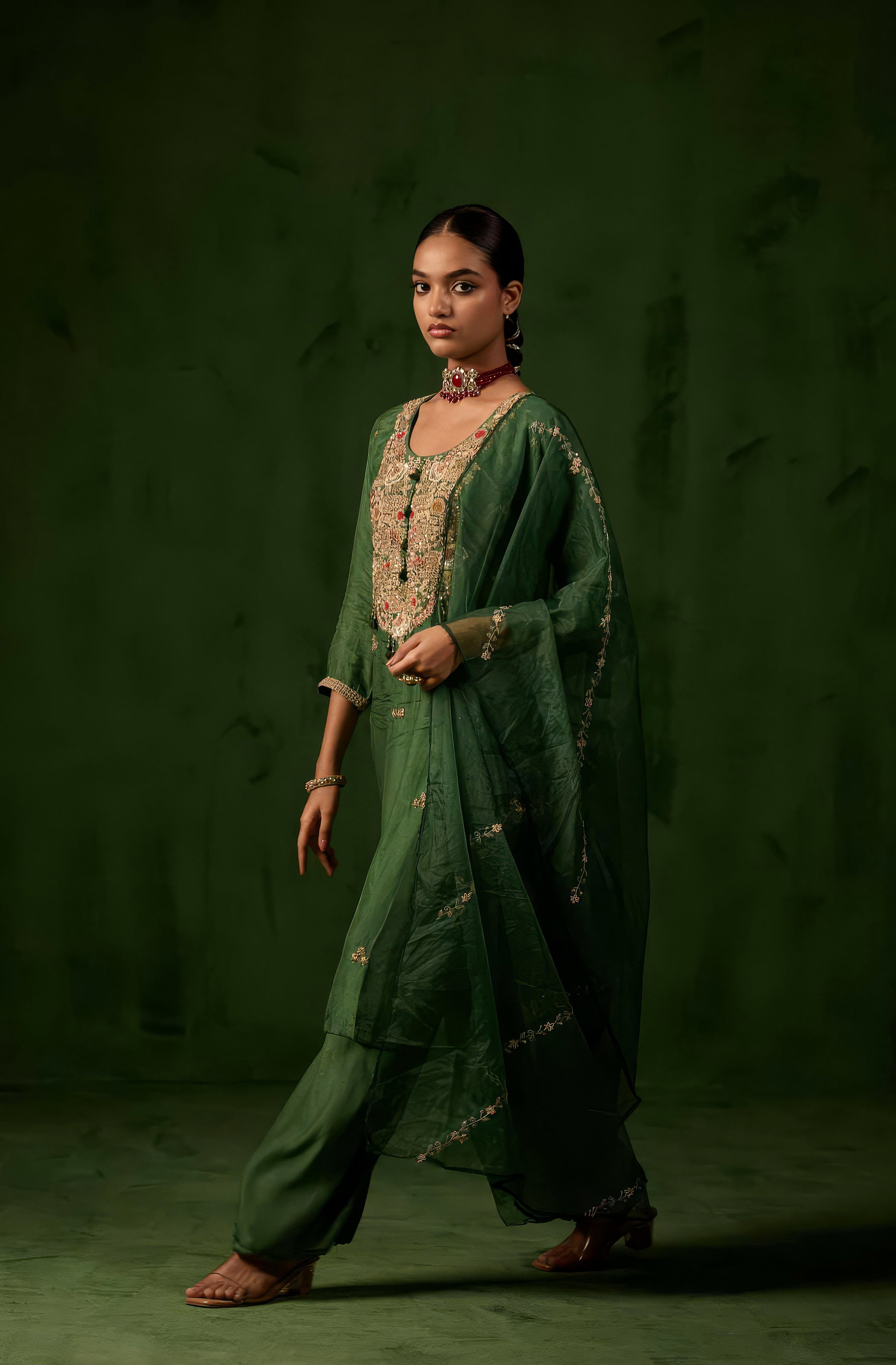 Forest Green Embellished Raw Silk Palazzo Set