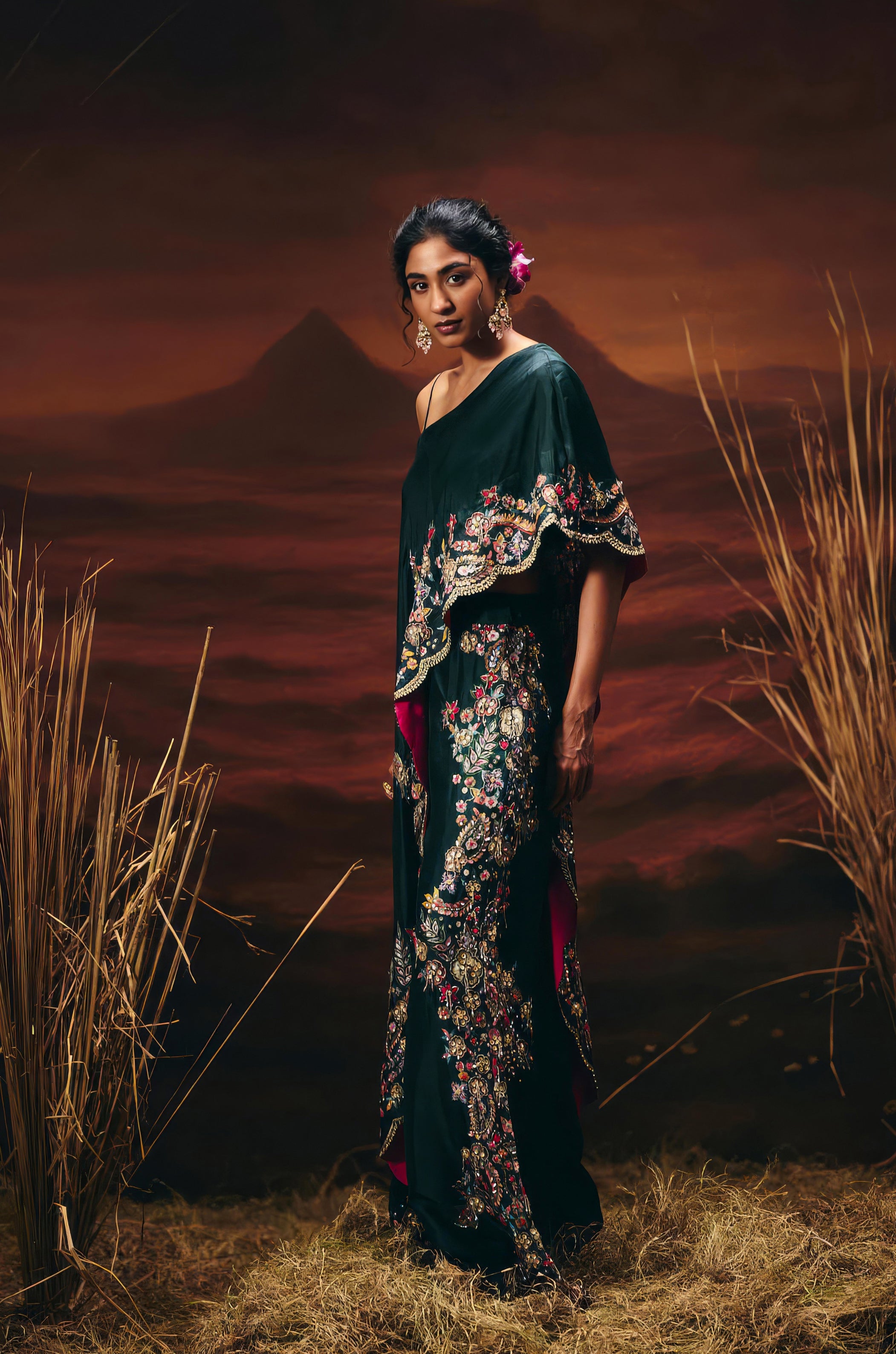 Teal Green Embellished Raw Silk Tunic Set