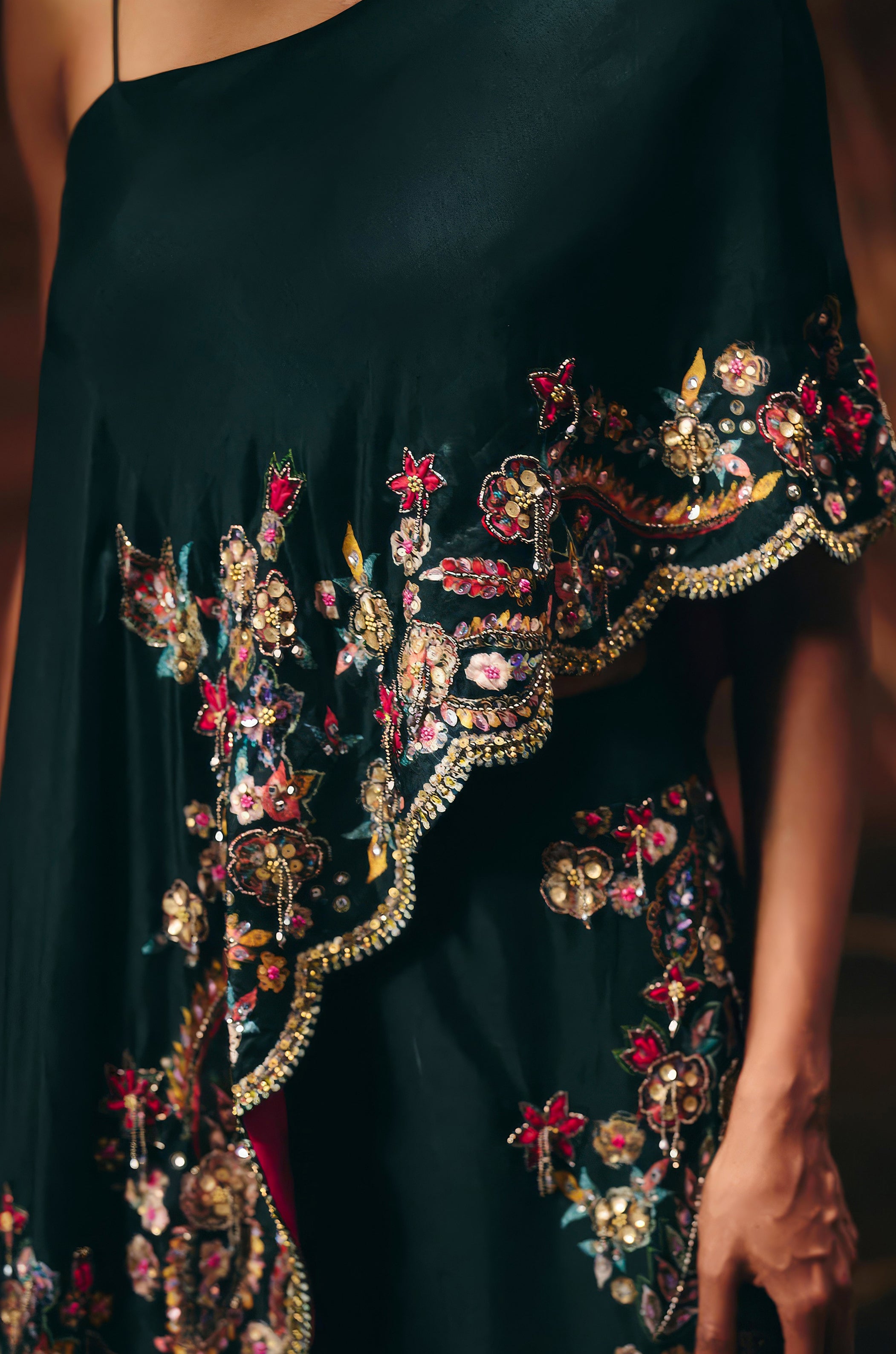 Teal Green Embellished Raw Silk Tunic Set