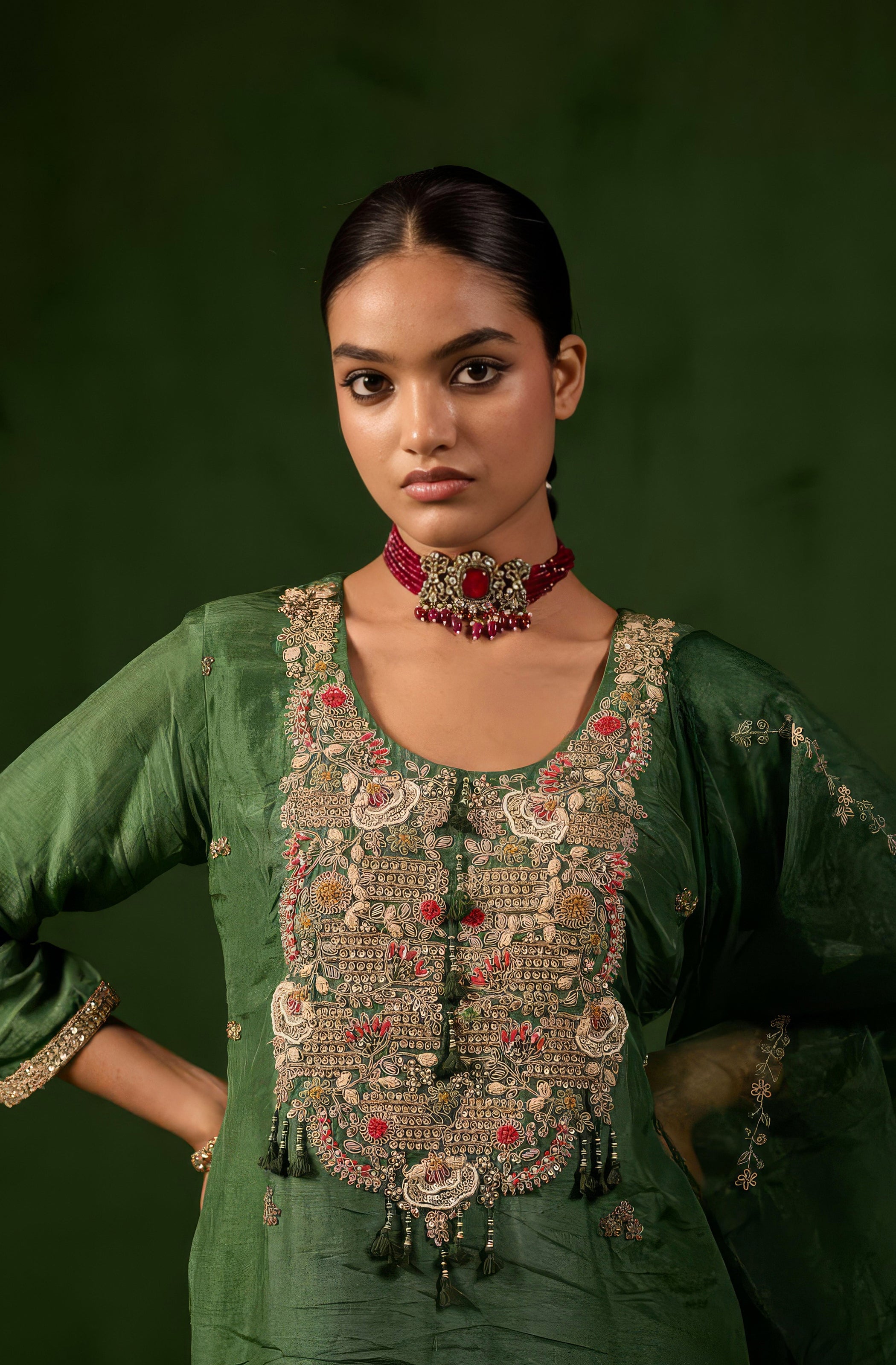 Forest Green Embellished Raw Silk Palazzo Set