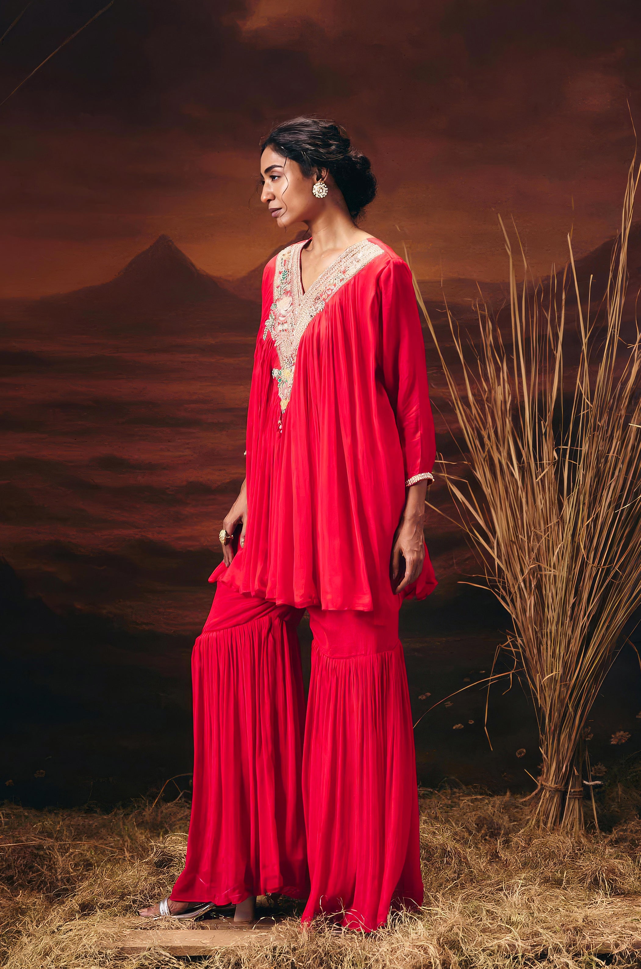 Coral Red Embellished Chinon Silk Sharara Set