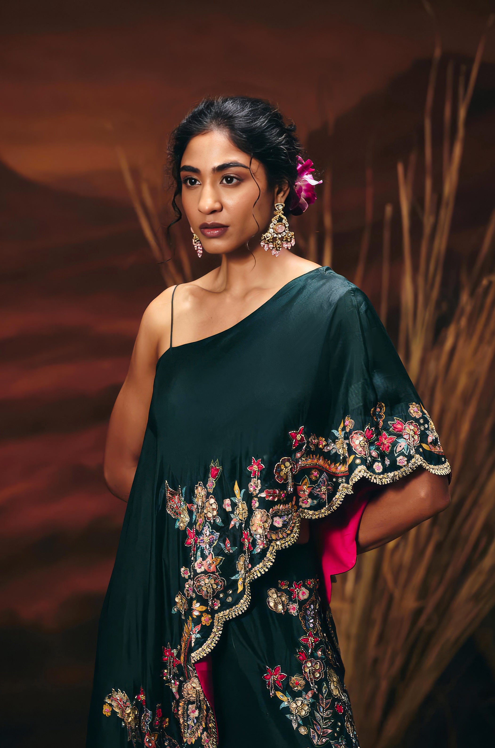 Teal Green Embellished Raw Silk Tunic Set