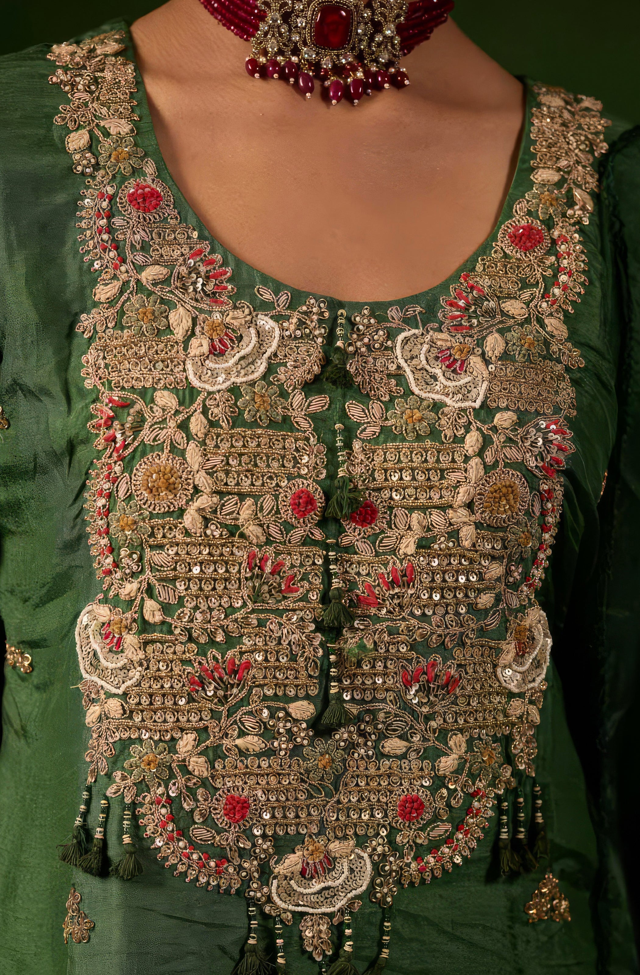 Forest Green Embellished Raw Silk Palazzo Set