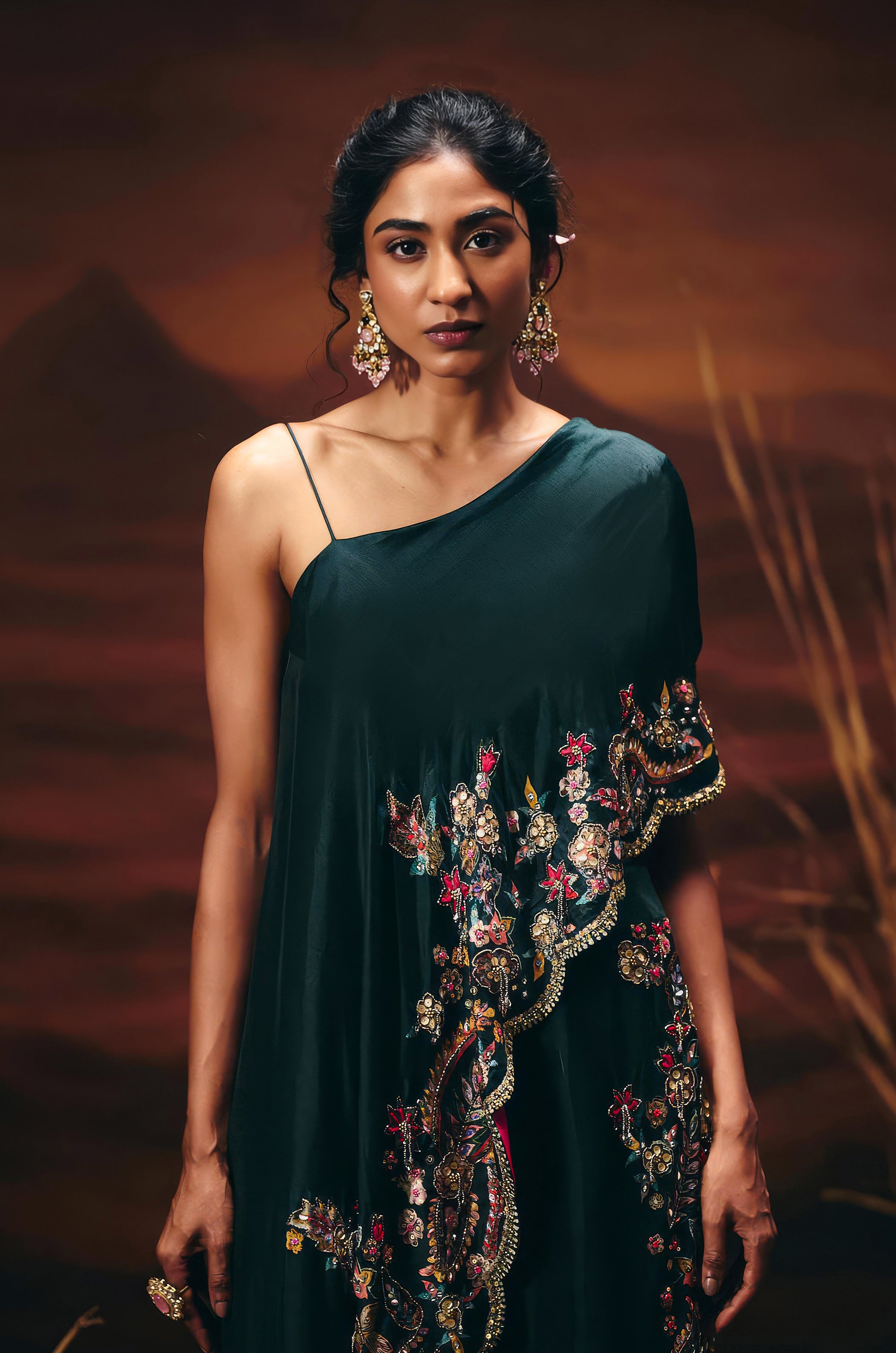 Teal Green Embellished Raw Silk Tunic Set