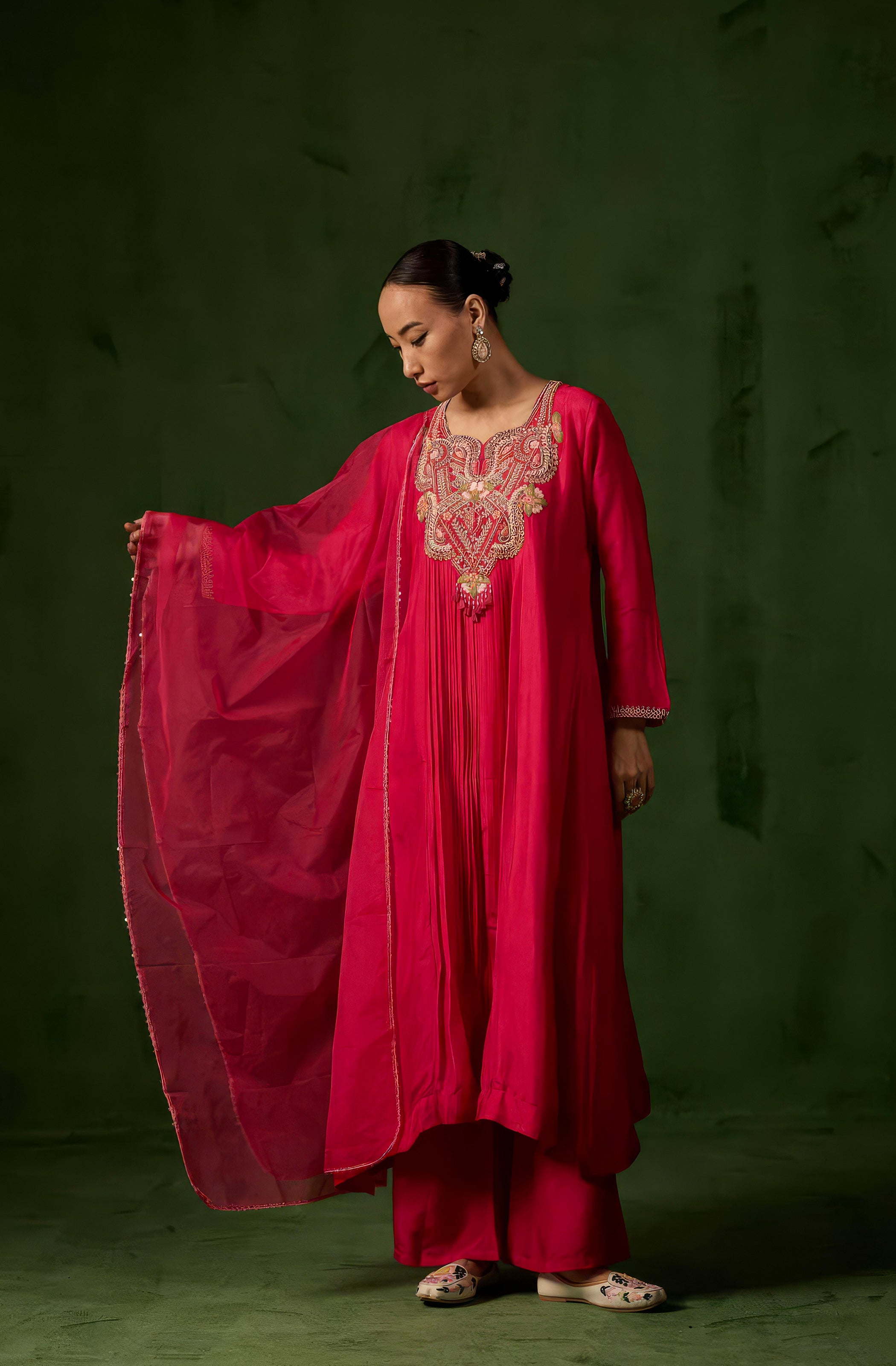 Raspberry Pink Embellished Raw Silk Palazzo Set