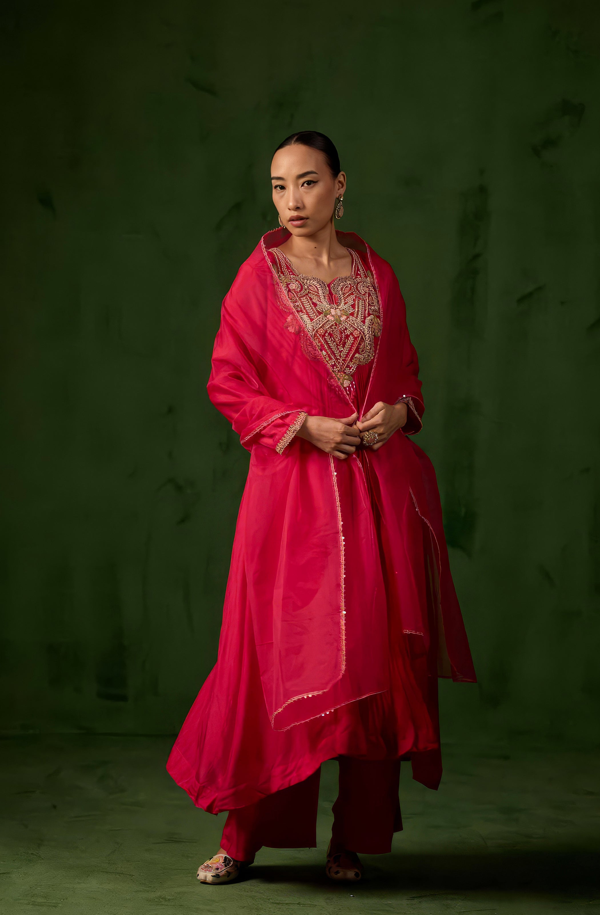 Raspberry Pink Embellished Raw Silk Palazzo Set