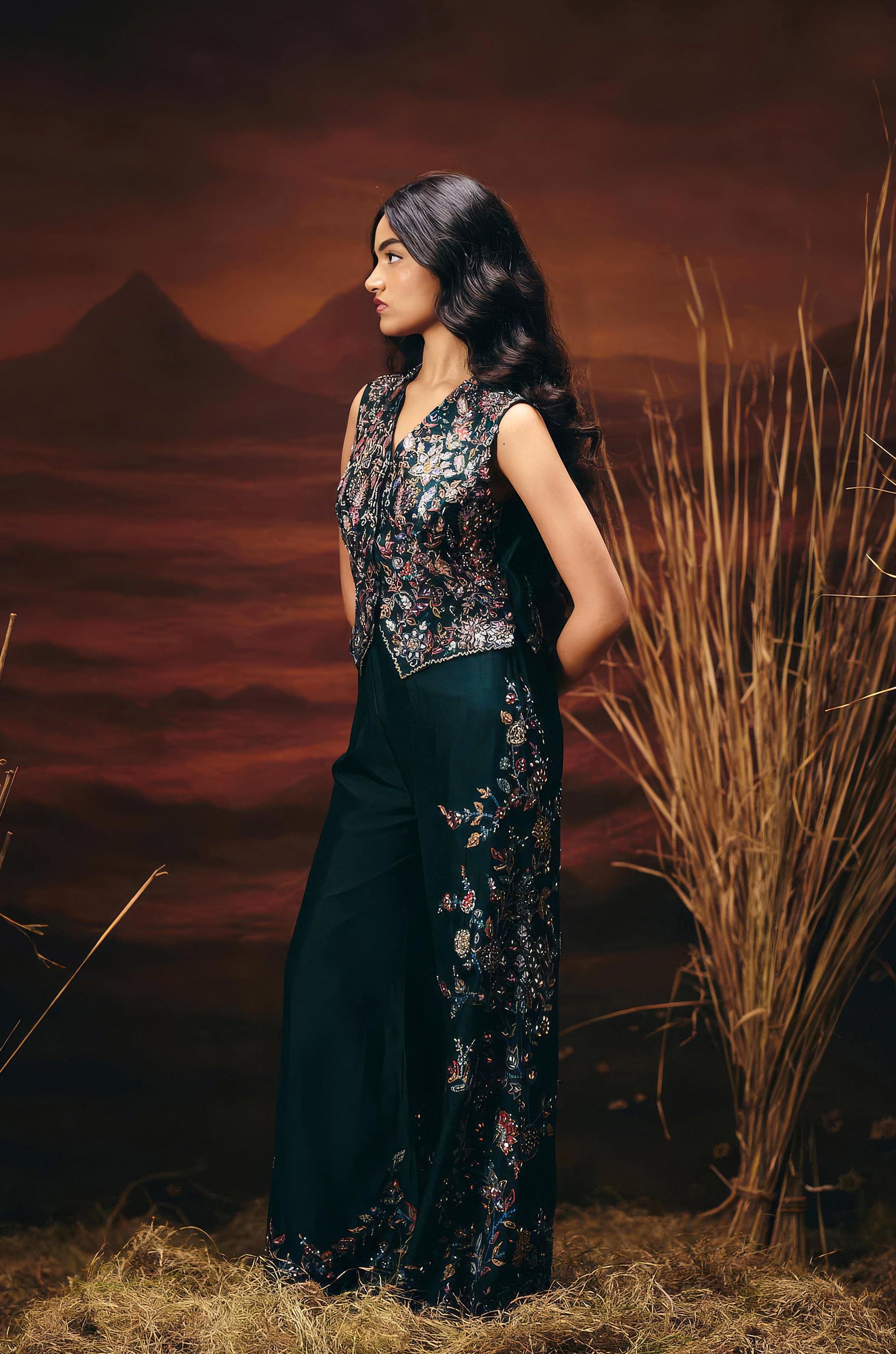 Bottle Green Embellished Raw Silk Co-Ord Set