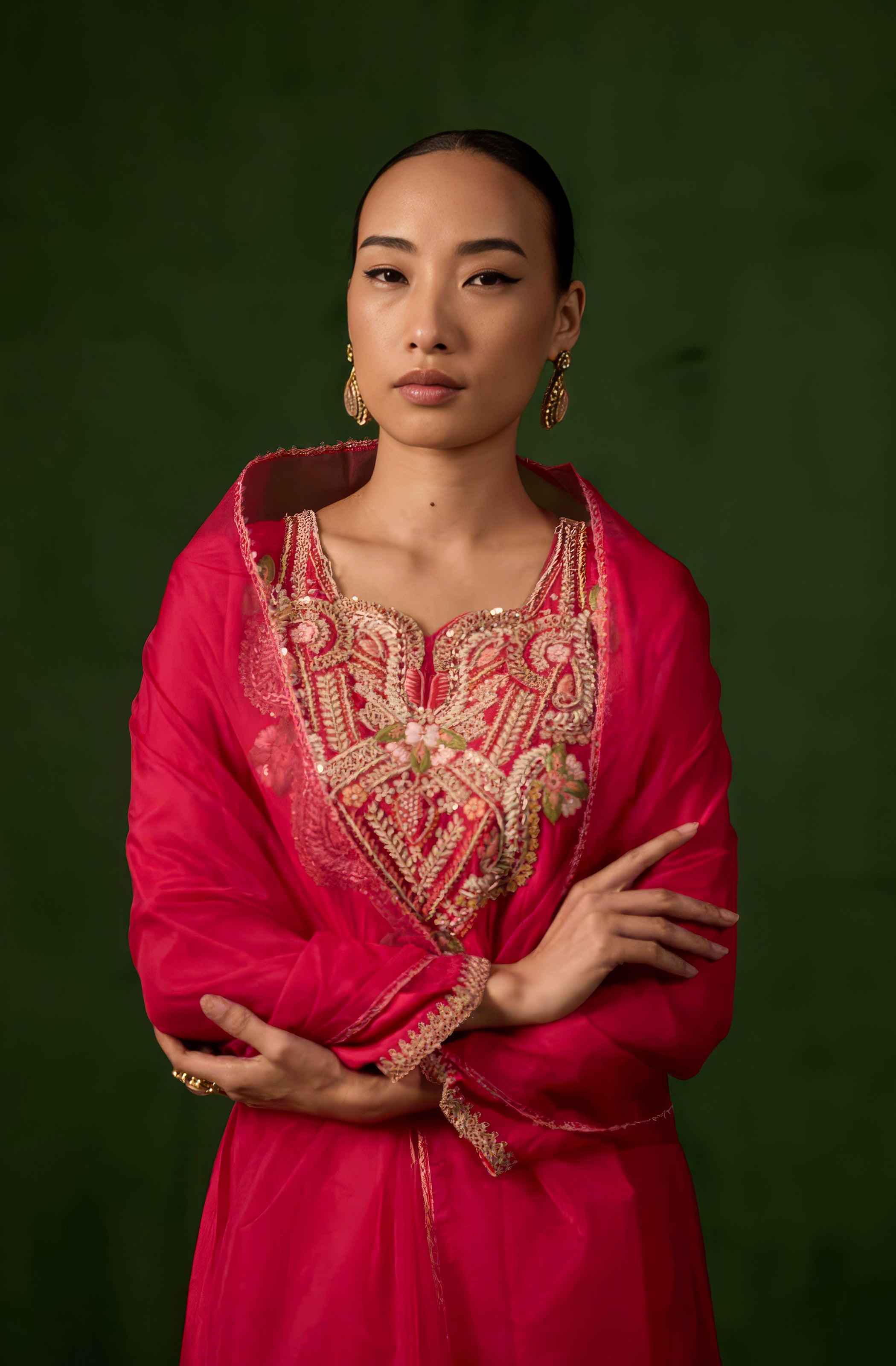 Raspberry Pink Embellished Raw Silk Palazzo Set