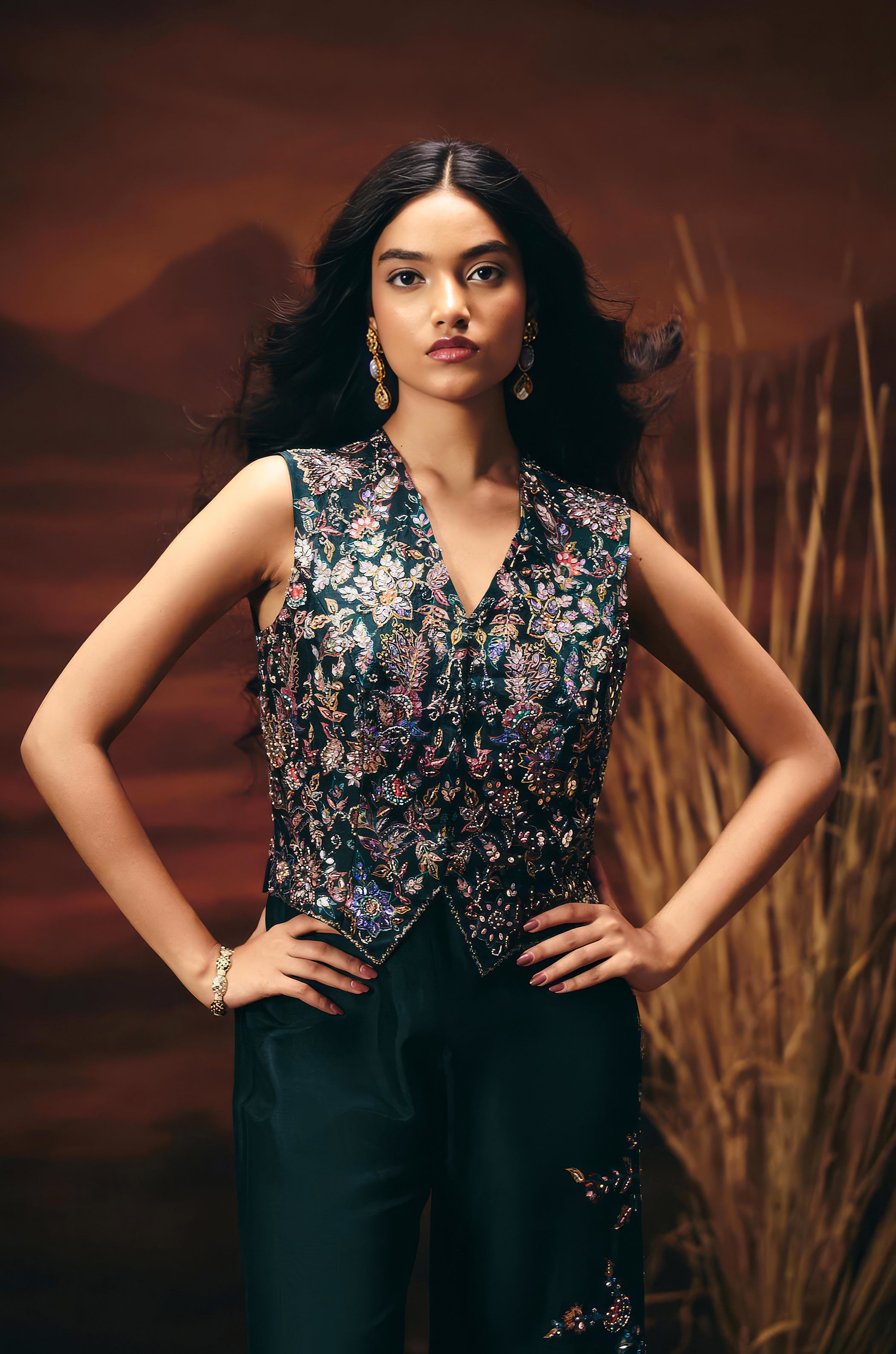 Bottle Green Embellished Raw Silk Co-Ord Set