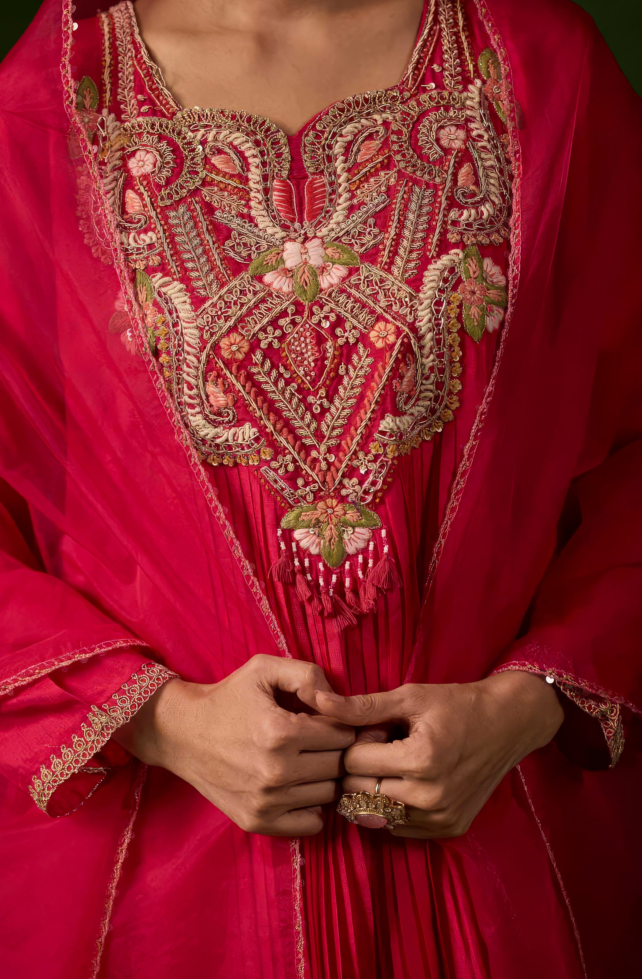 Raspberry Pink Embellished Raw Silk Palazzo Set