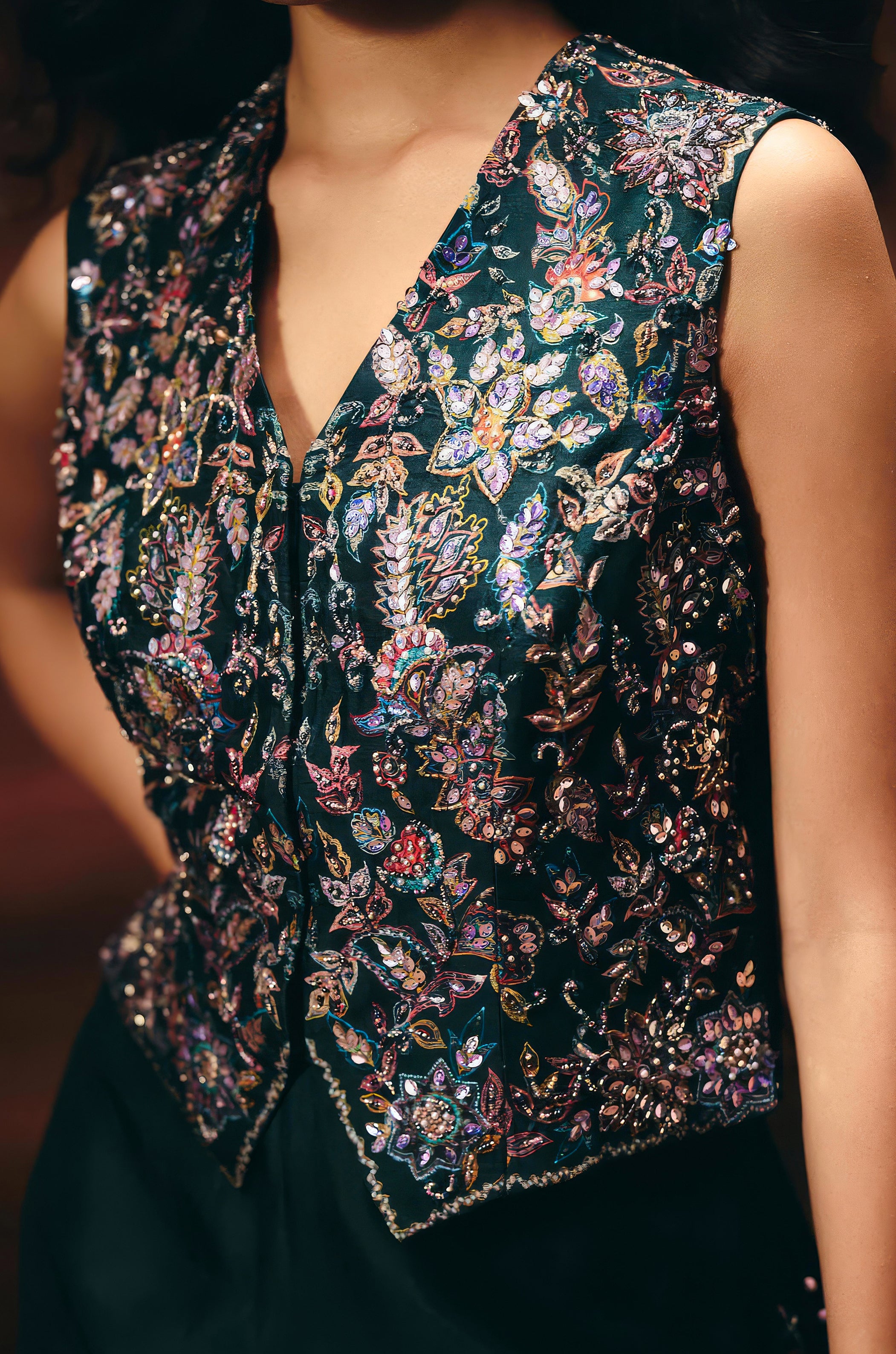 Bottle Green Embellished Raw Silk Co-Ord Set