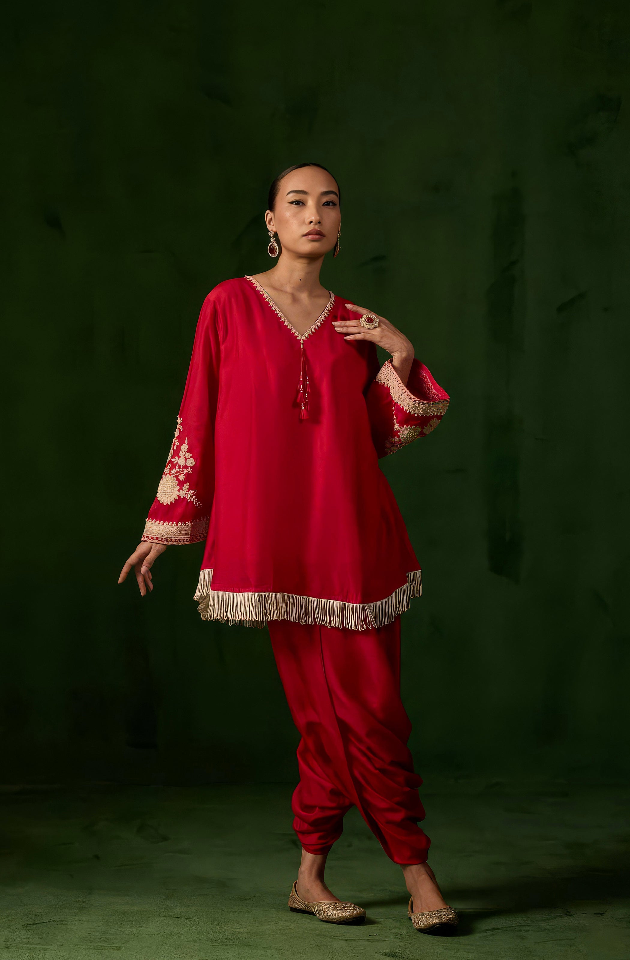 Bright Red Embellished Raw Silk Co-Ord Set