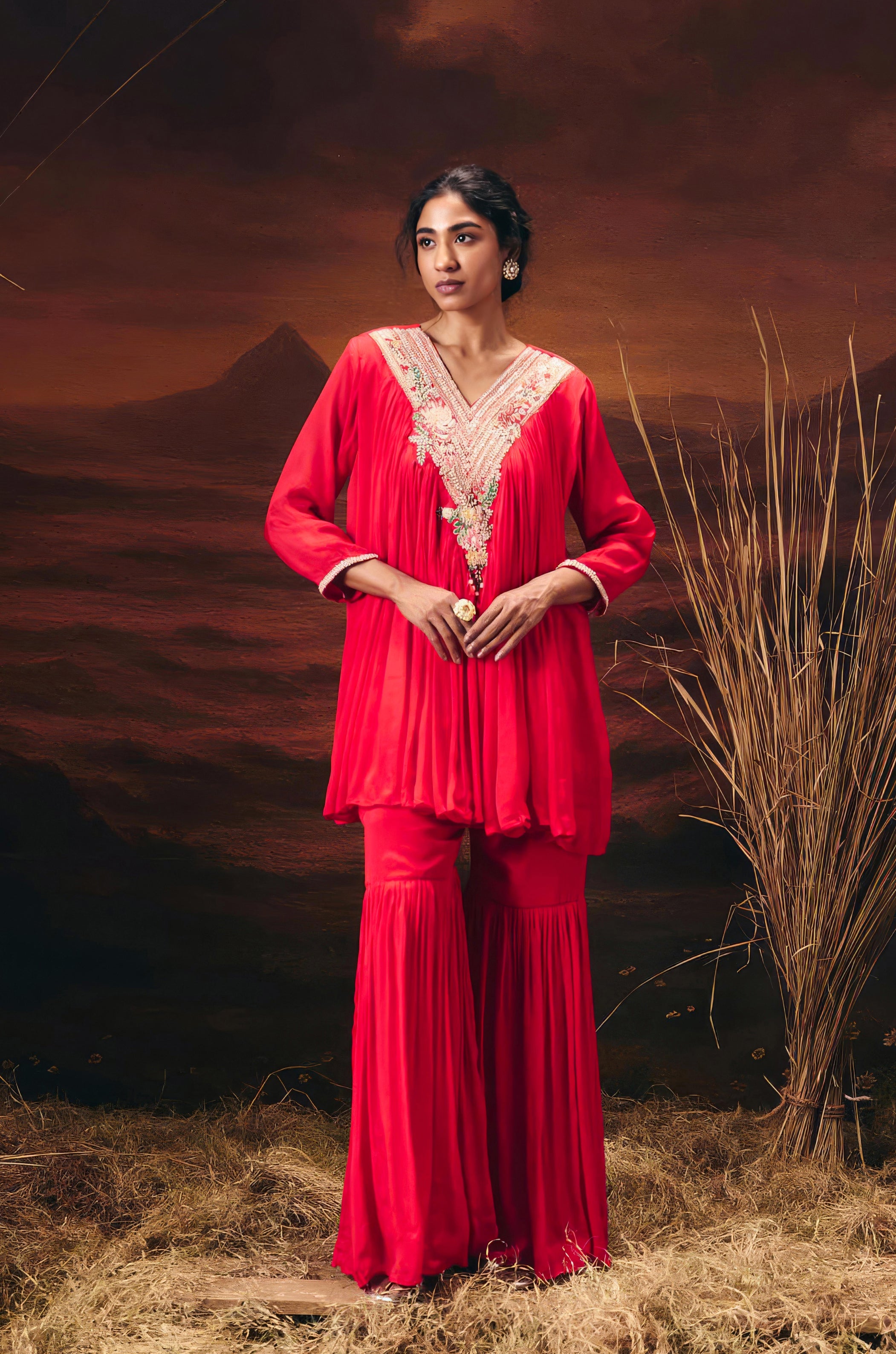 Coral Red Embellished Chinon Silk Sharara Set