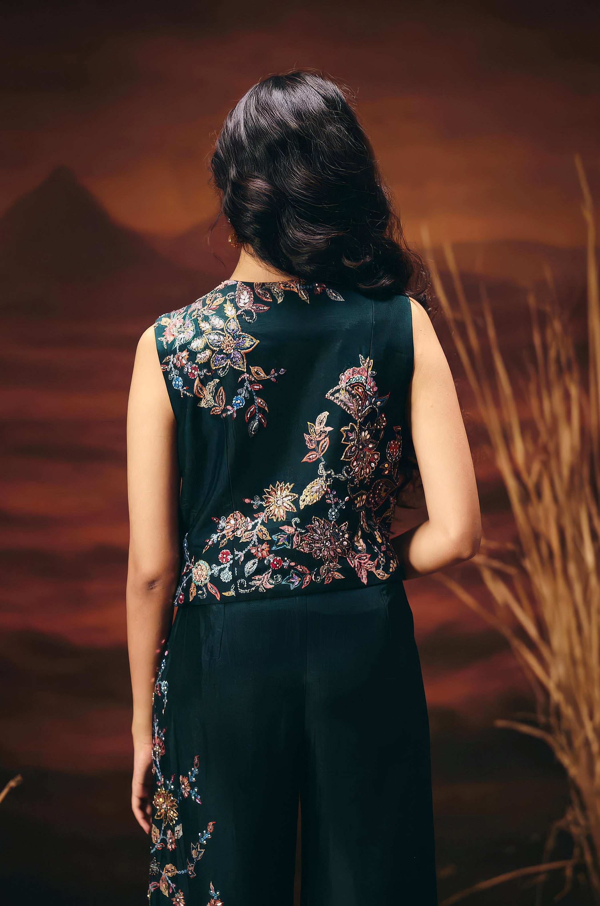 Bottle Green Embellished Raw Silk Co-Ord Set