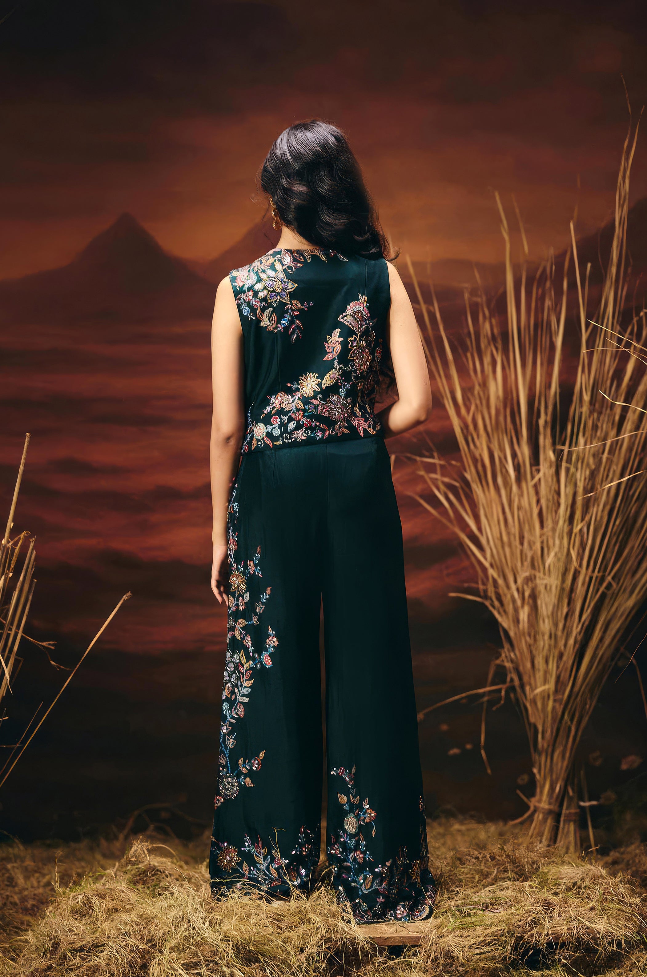 Bottle Green Embellished Raw Silk Co-Ord Set