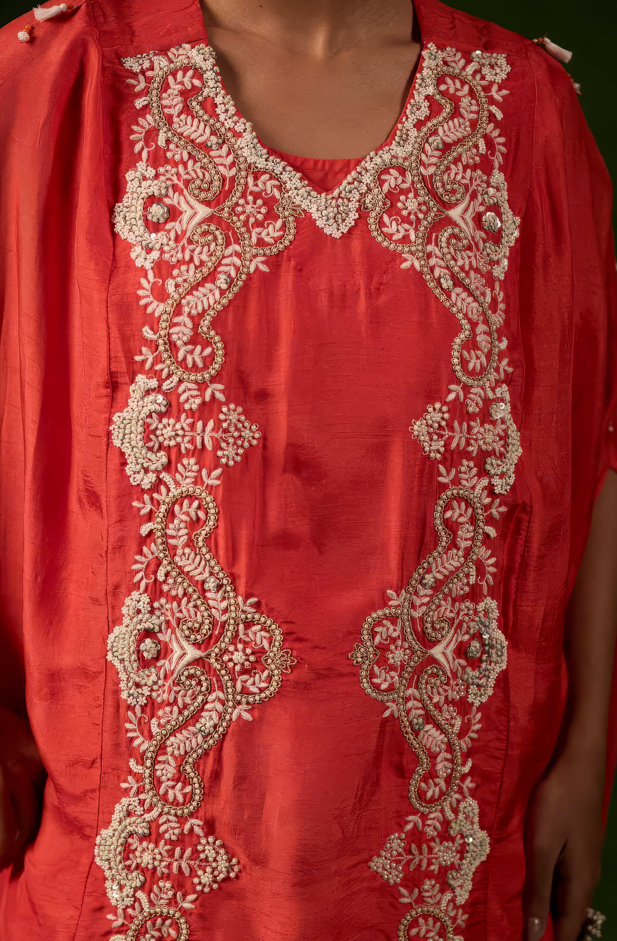 Vermilion Orange Embellished Raw Silk Kaftan Set