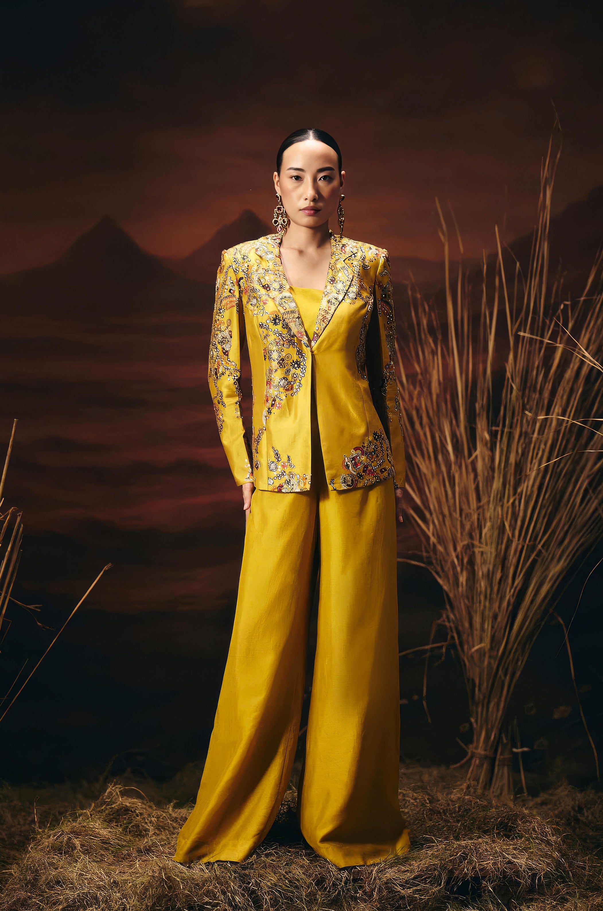 Marigold Yellow Embellished Chinon Silk Co-Ord Set