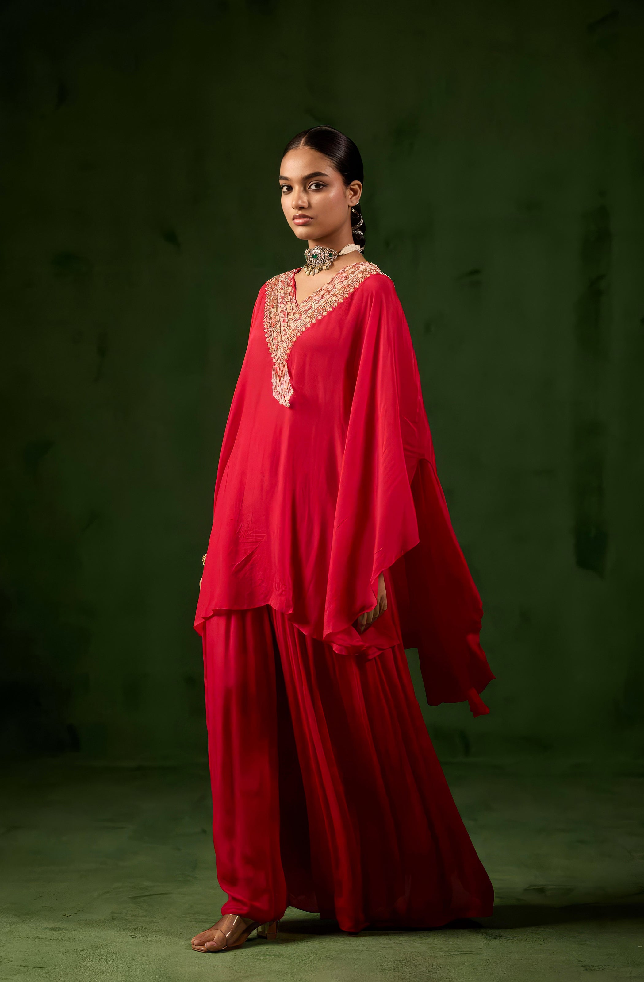 Crimson Red Embellished Chinon Silk Kaftan Set