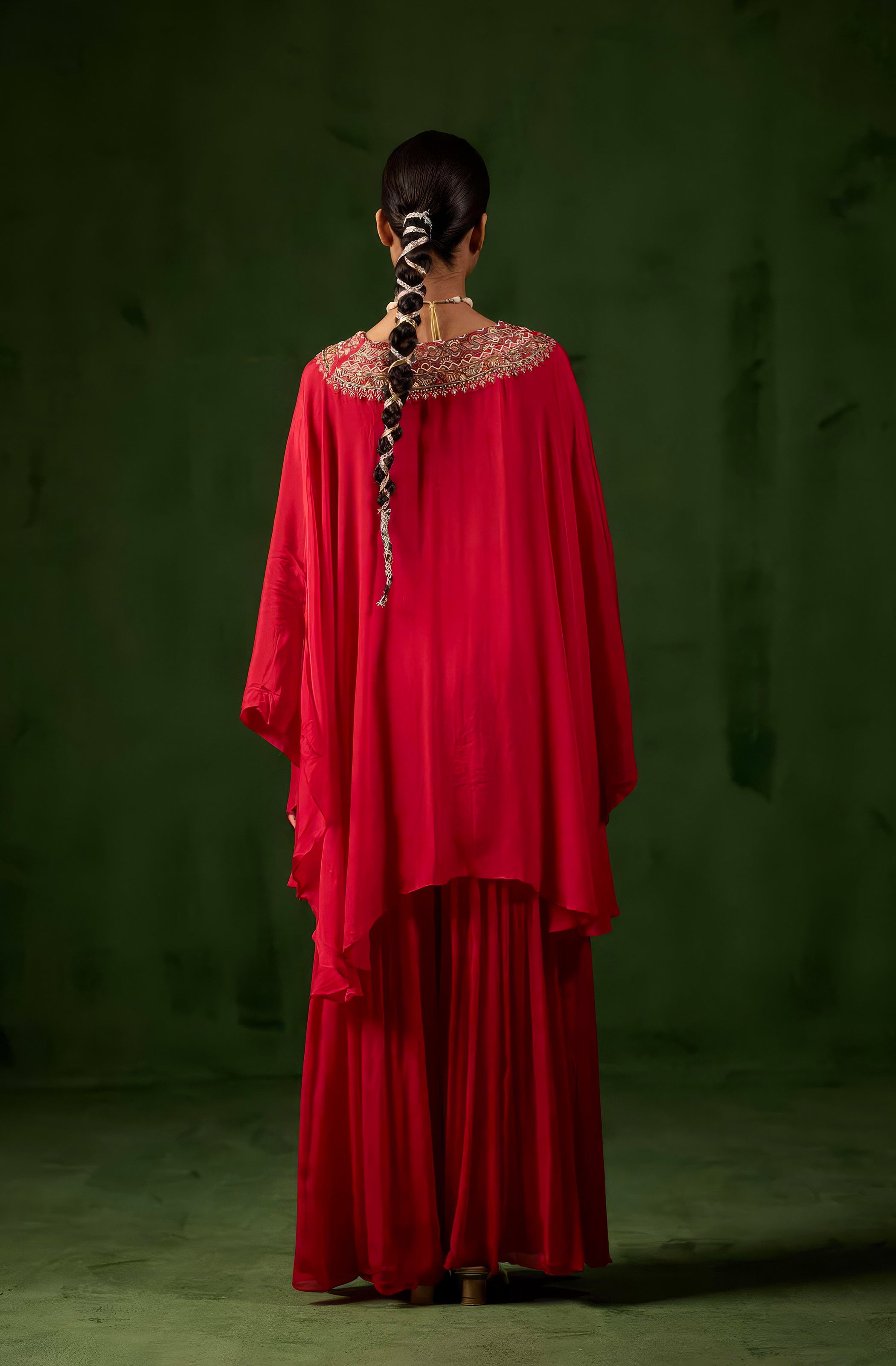 Crimson Red Embellished Chinon Silk Kaftan Set