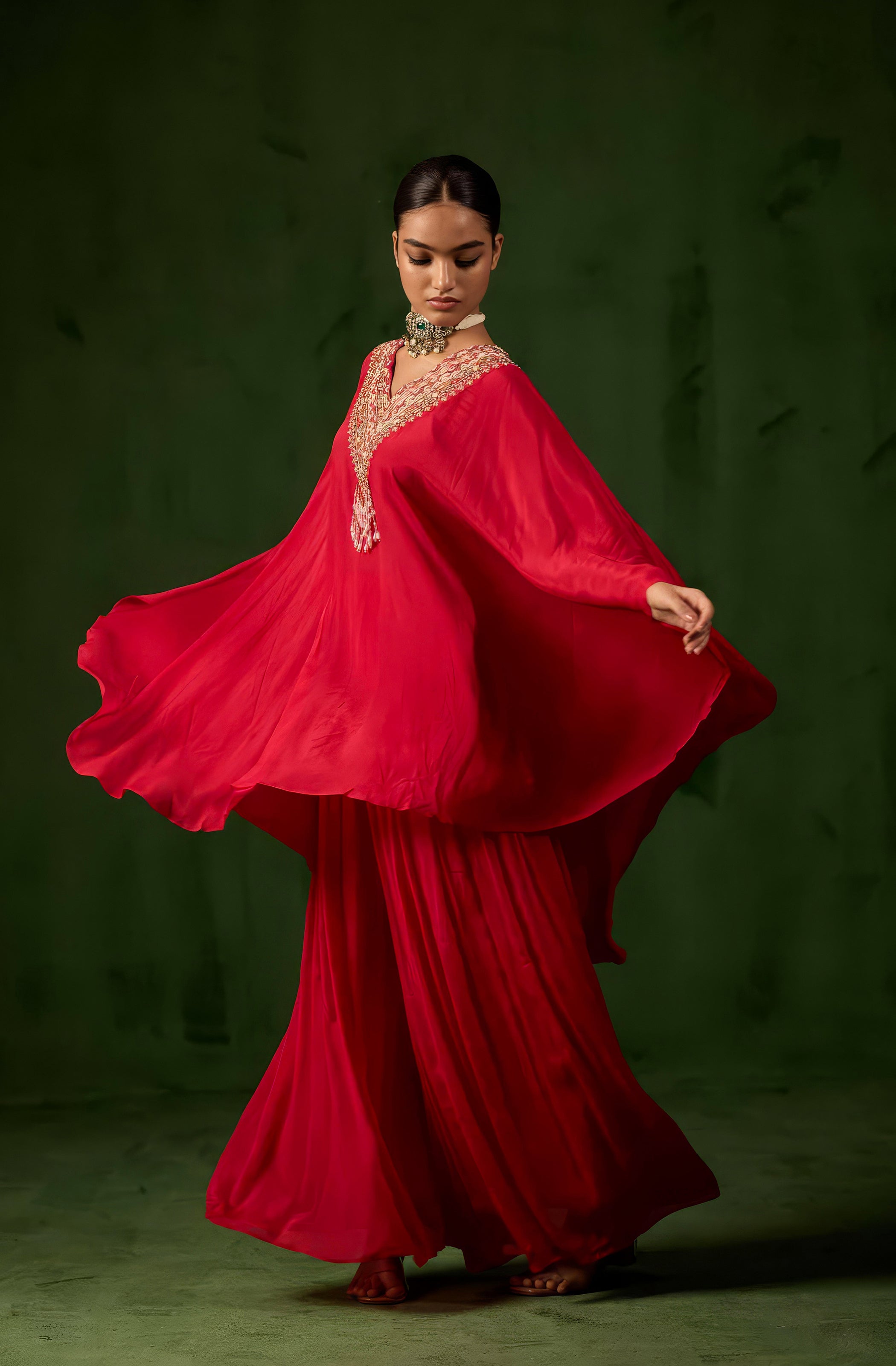 Crimson Red Embellished Chinon Silk Kaftan Set