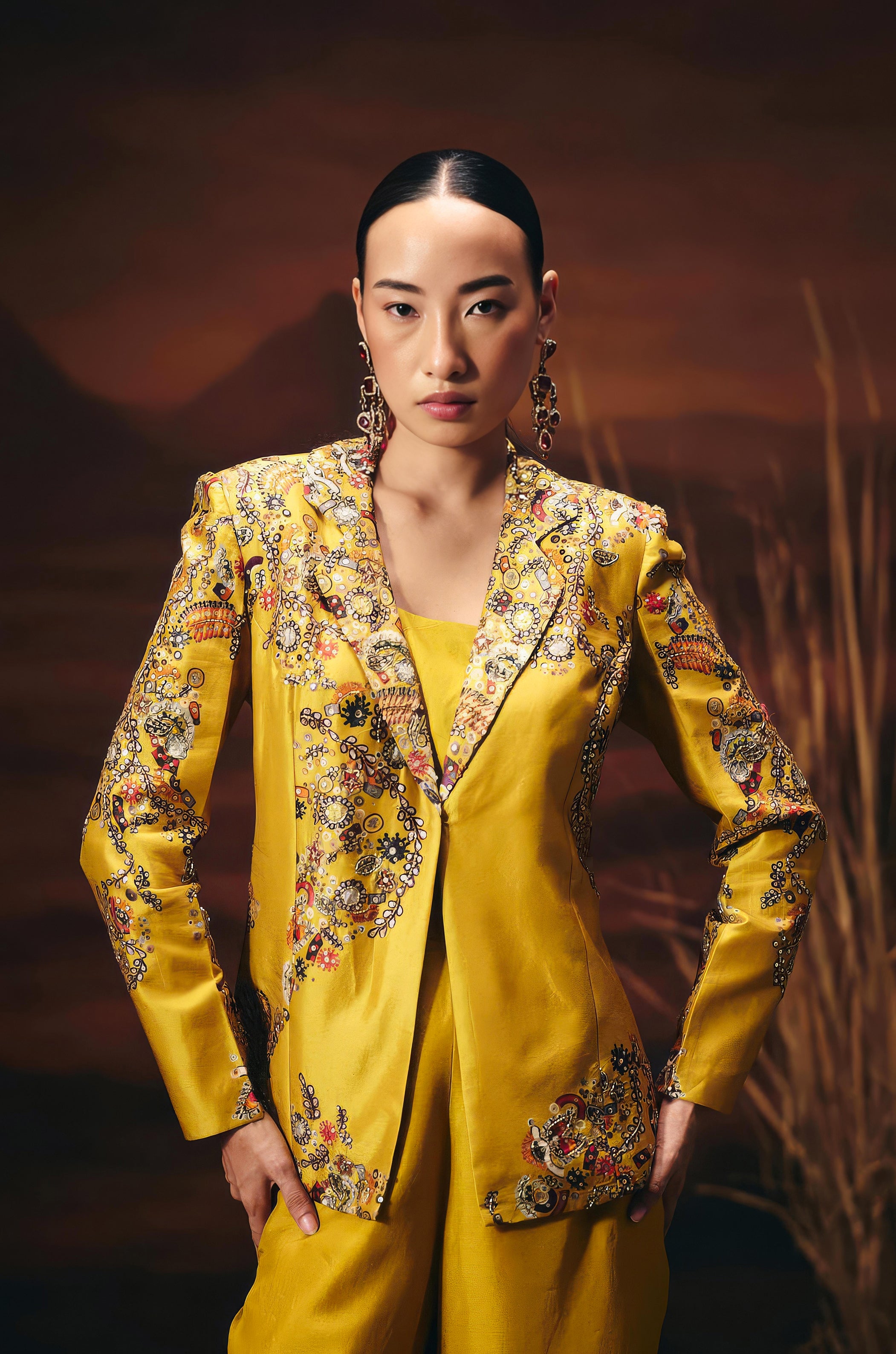 Marigold Yellow Embellished Chinon Silk Co-Ord Set