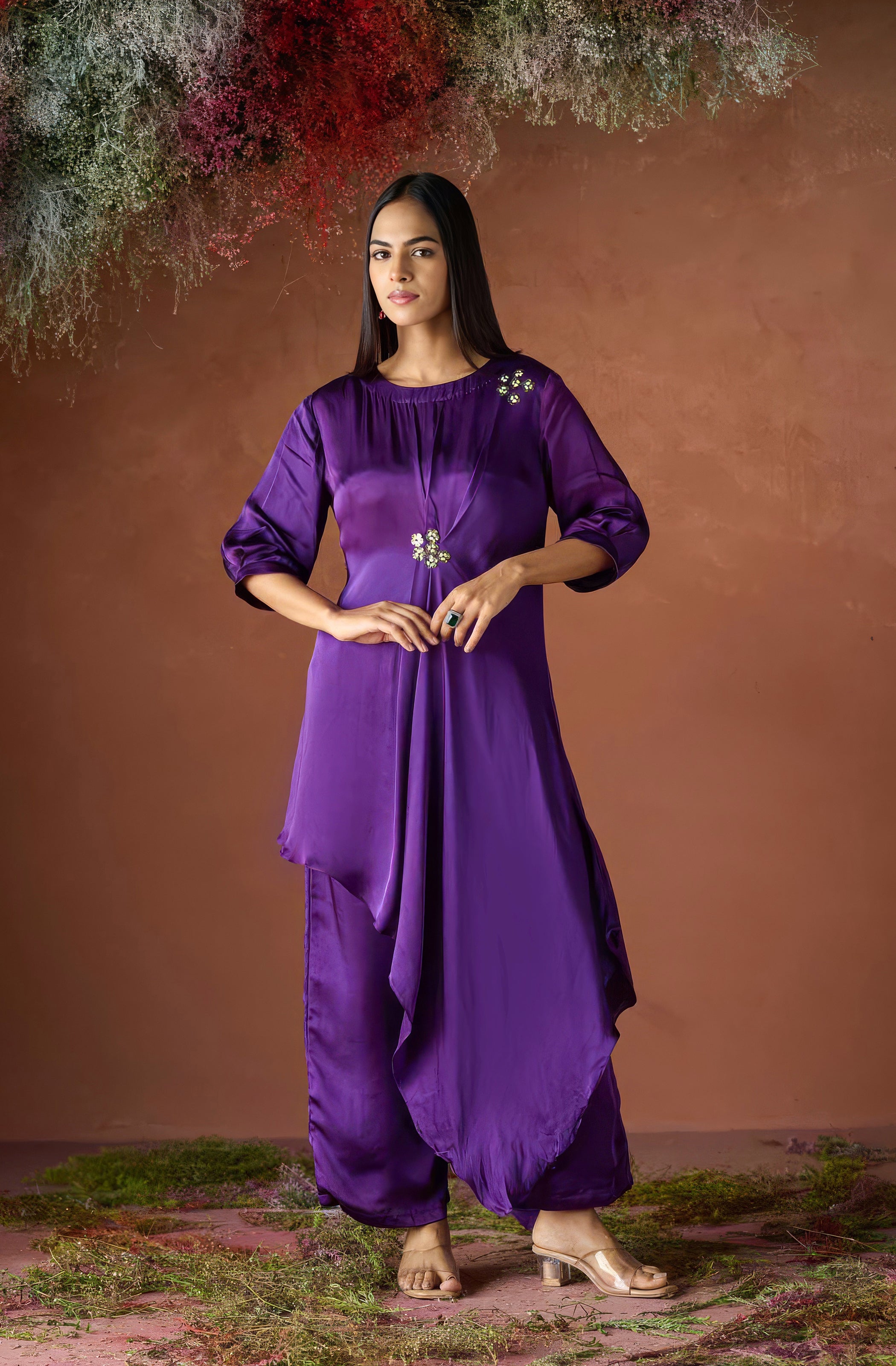 Velvet Purple Embellished Satin Silk Kurta Set
