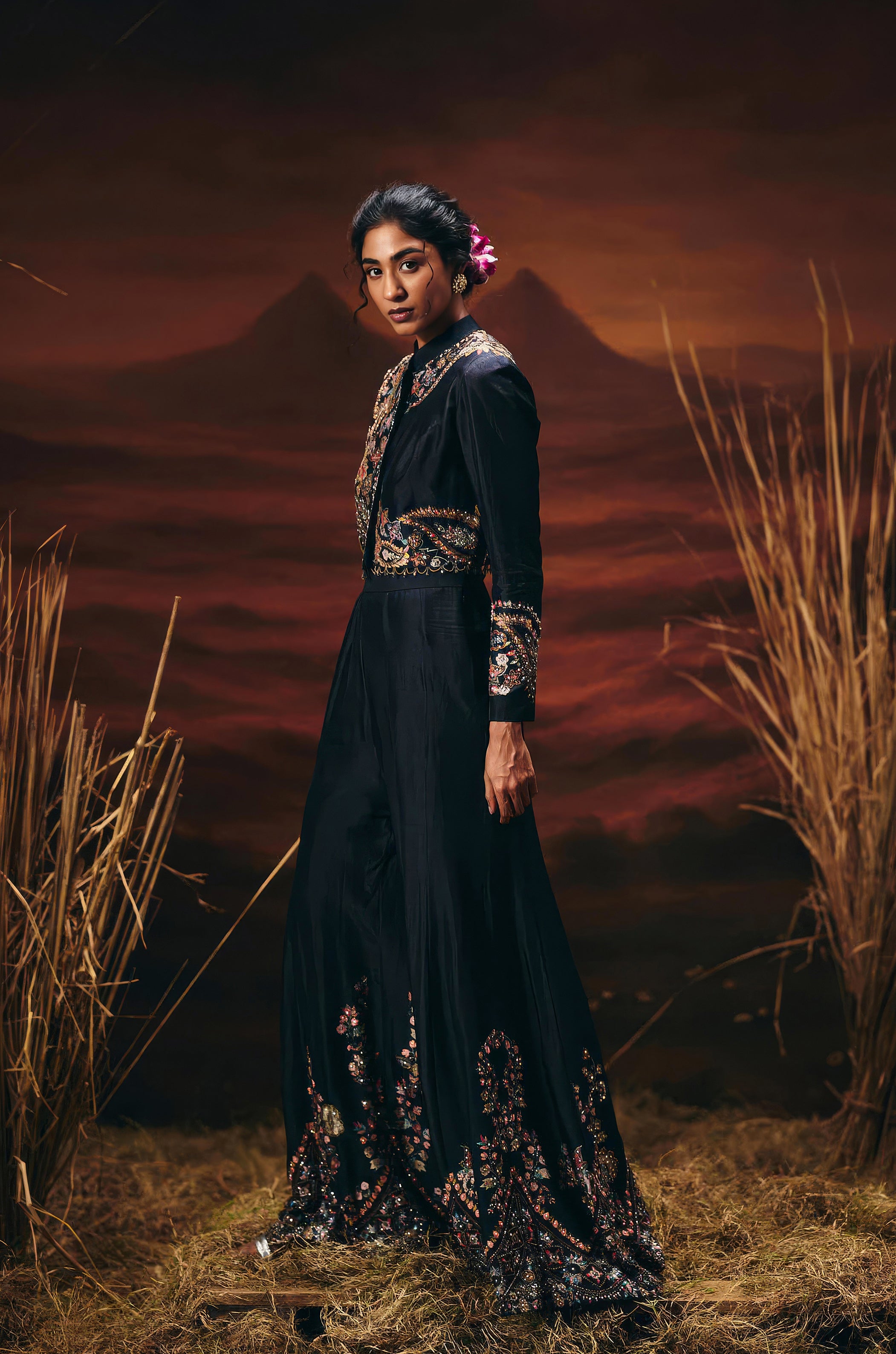 Classic Black Embellished Raw Silk Palazzo Set