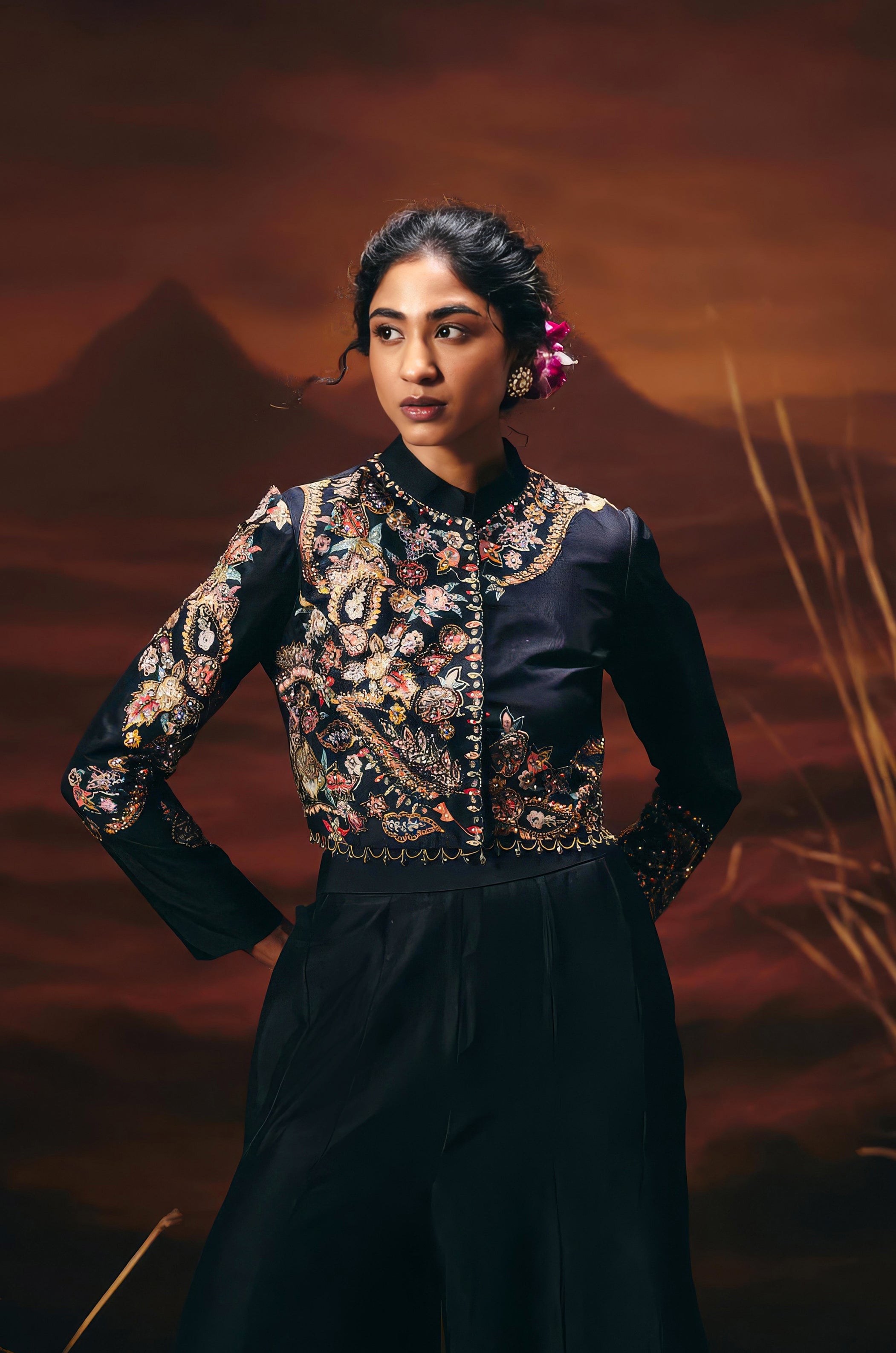 Classic Black Embellished Raw Silk Palazzo Set