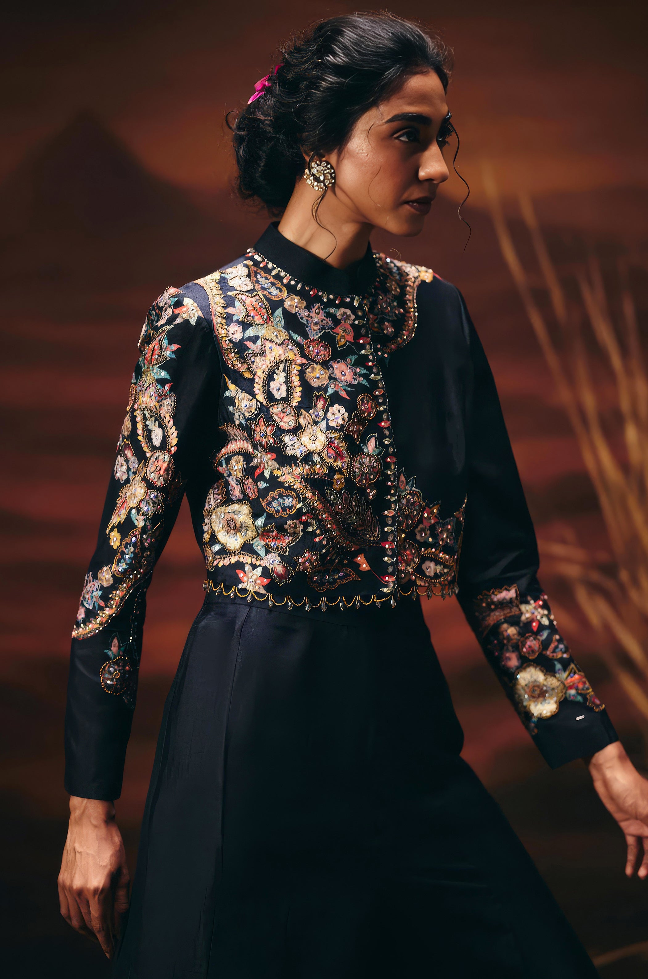 Classic Black Embellished Raw Silk Palazzo Set