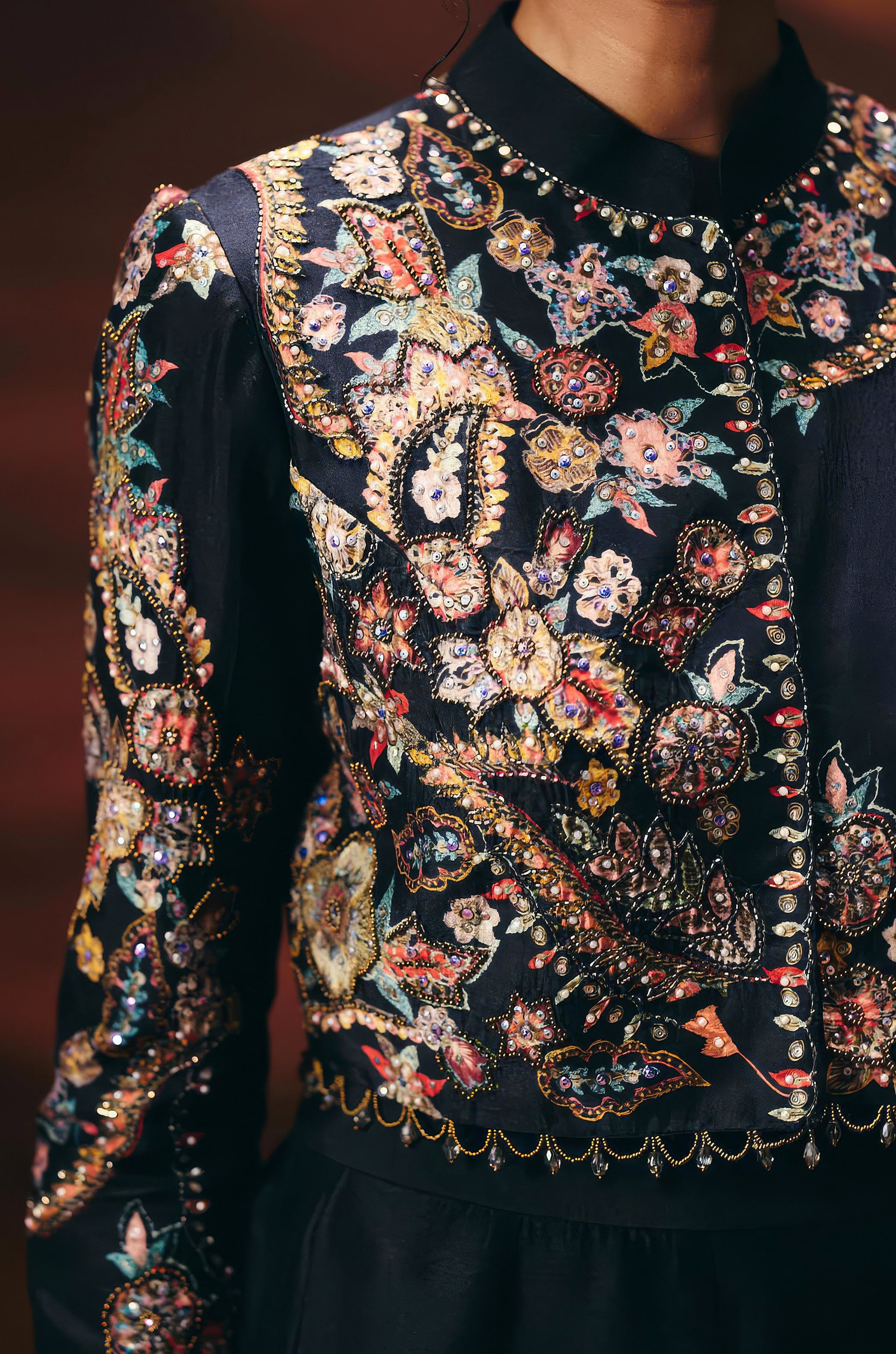 Classic Black Embellished Raw Silk Palazzo Set