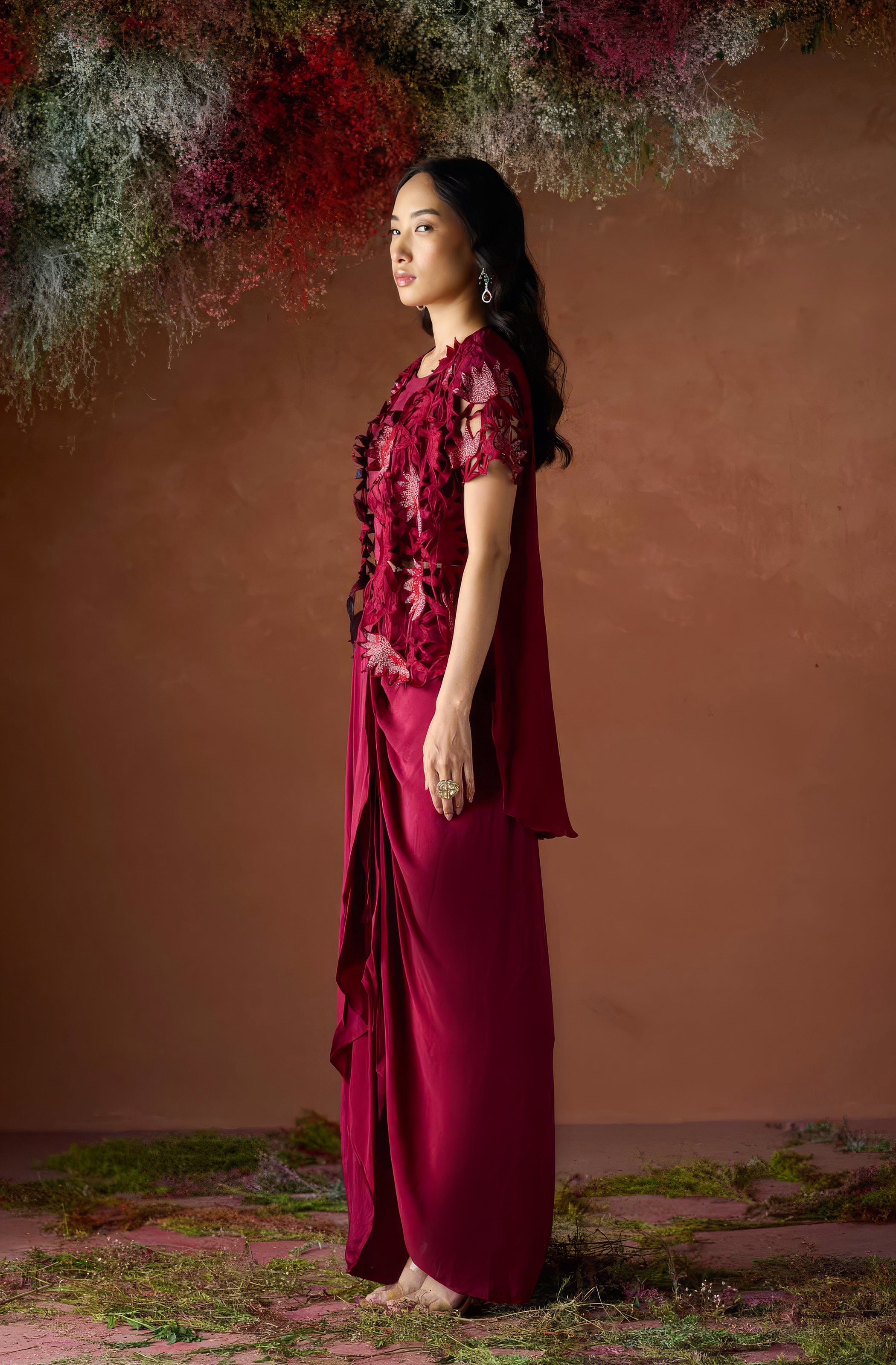Maroon Red Embellished Premium Silk Skirt Set